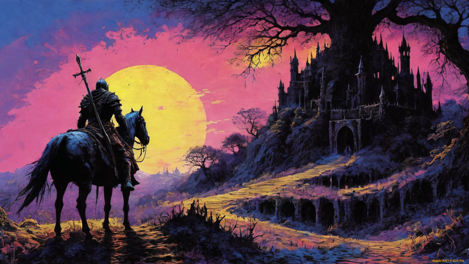 фэнтези, люди, нейросети, графика, нейроарт, ai, art, нейронные, сети, рисунки, нейро, искусство, нейрографика, graphics, neuroart, neural, networks, drawings, neuro, neurography, всадник, на, коне, с, мечом, направляется, к, замку