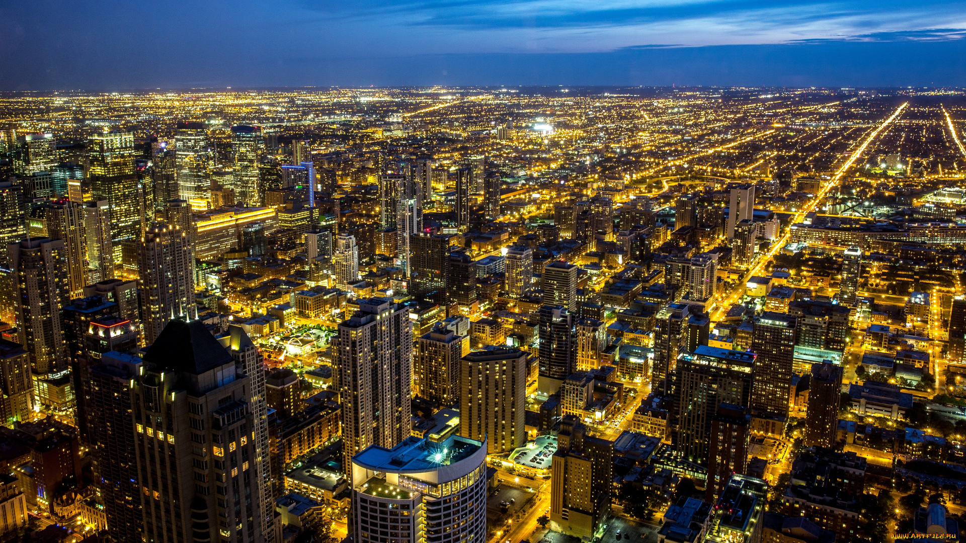 города, чикаго, , сша, чикаго, иллинойс, горизонты, ночь, городской, вид, голубое, небо, ночные, огни, здания, небоскребы