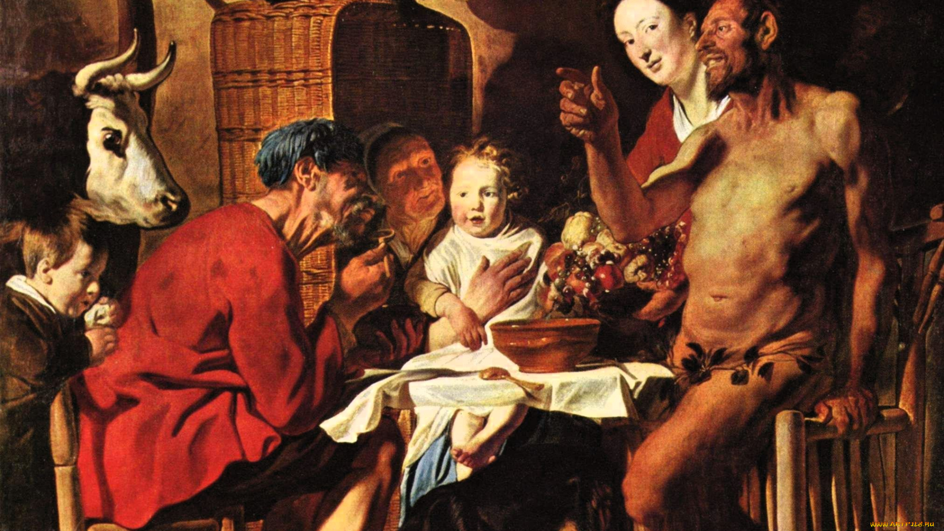 рисованное, jakob, jordaens, люди, животные, сатир, застолье