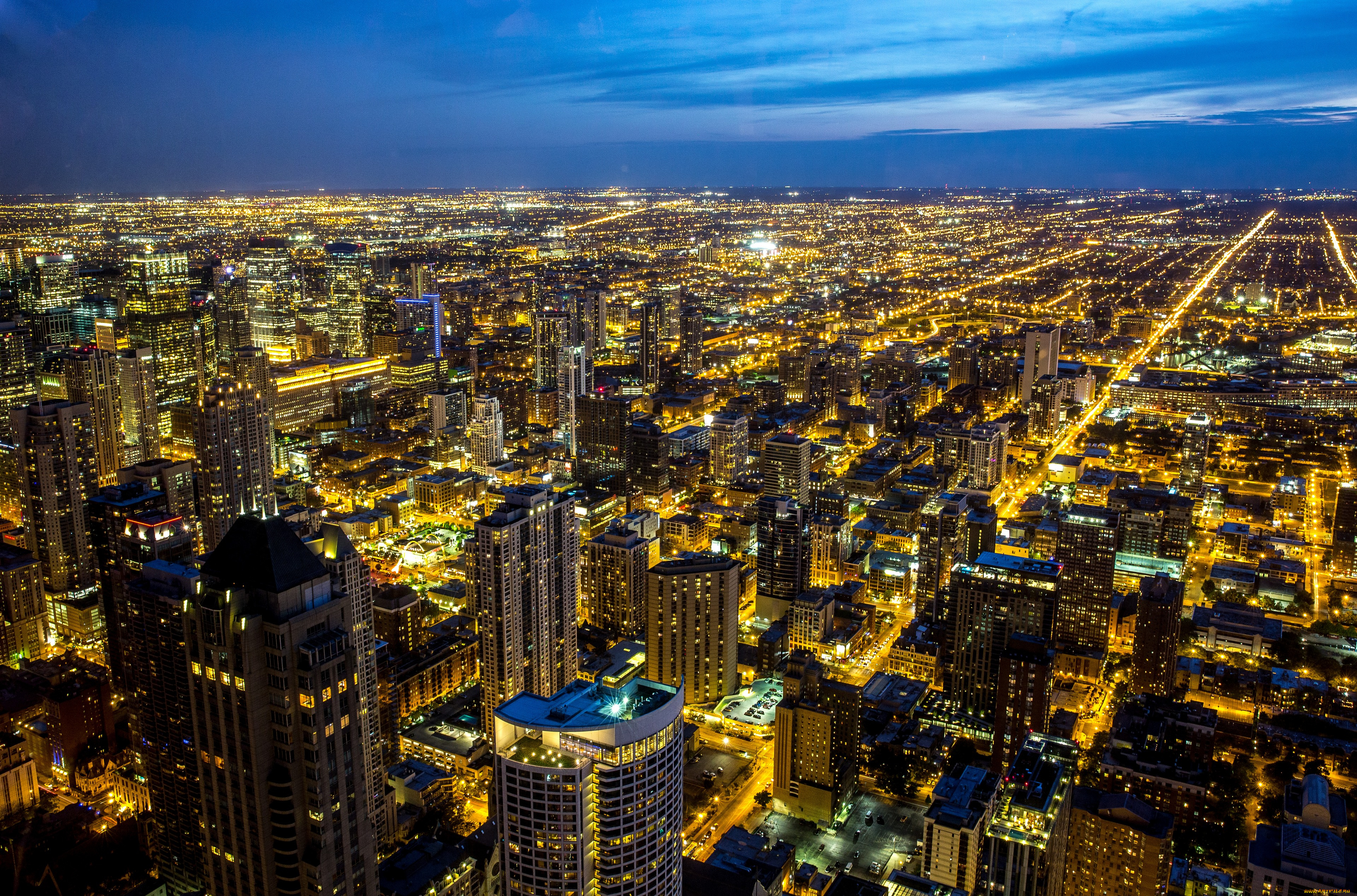 города, чикаго, , сша, чикаго, иллинойс, горизонты, ночь, городской, вид, голубое, небо, ночные, огни, здания, небоскребы