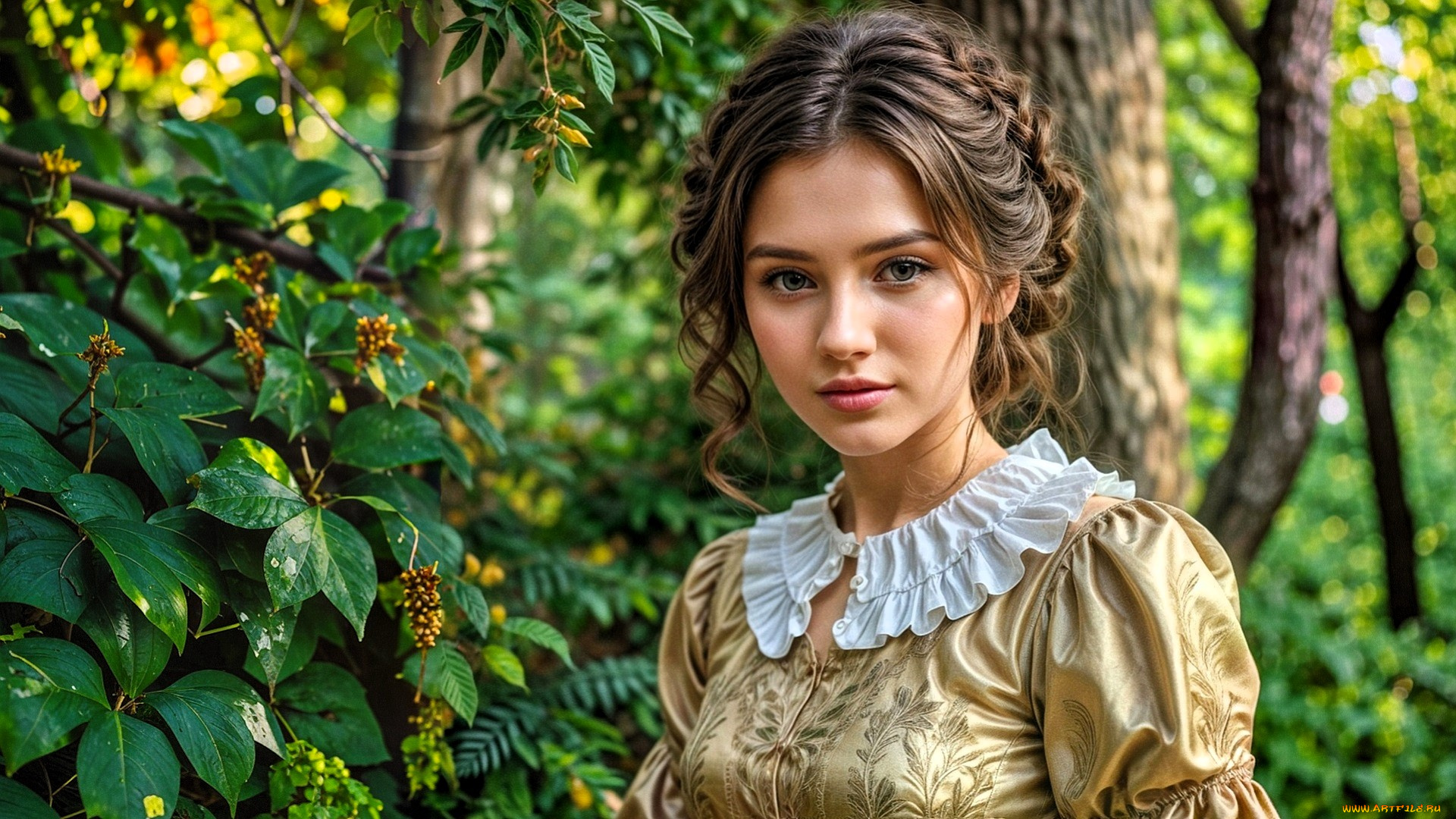 3д, графика, люди, , people, девушка, лицо, платье, лес, кусты