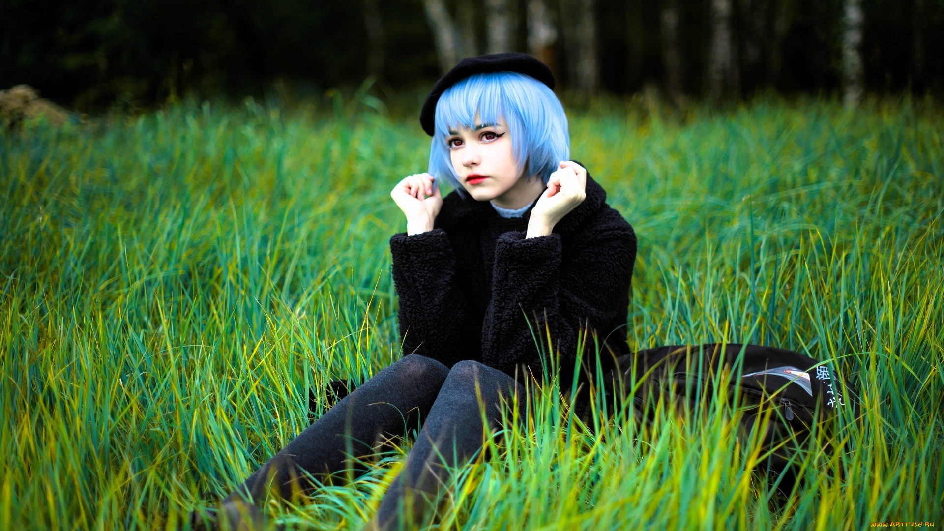 девушки, tenletters, образ, косплей, наряд, пальто, берет, трава