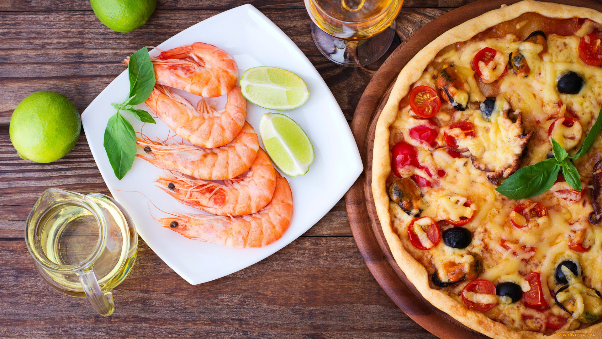 еда, разное, лайм, масло, креветки, пицца