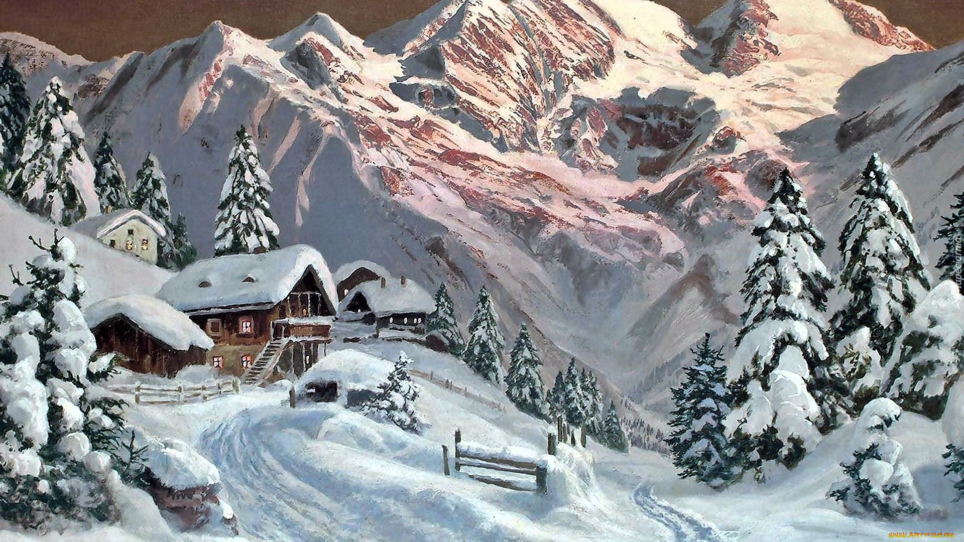 рисованное, alois, arnegger, горы, снег, зима, дома, дорога, деревья