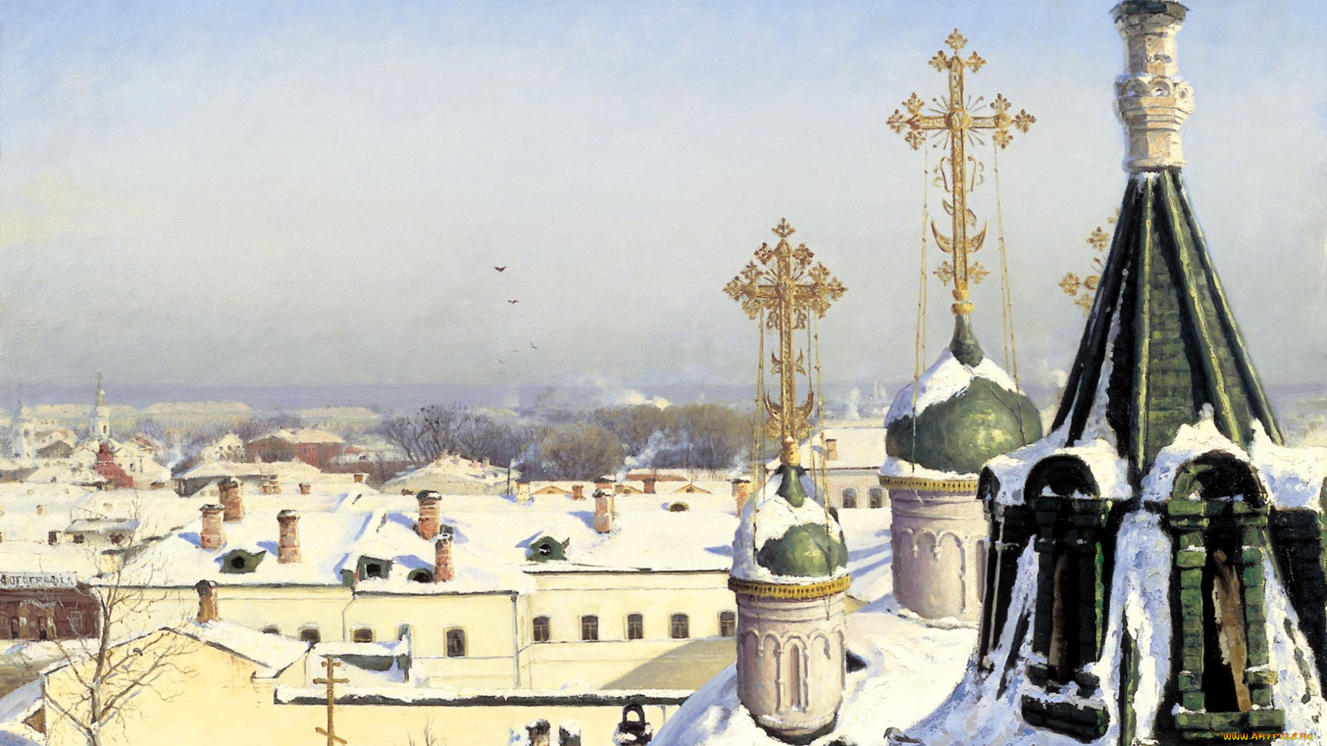 светославский, сергей, -, из, окна, московского, училища, рисованное, живопись, город, москва, крыши, собор, снег, дома, панорама