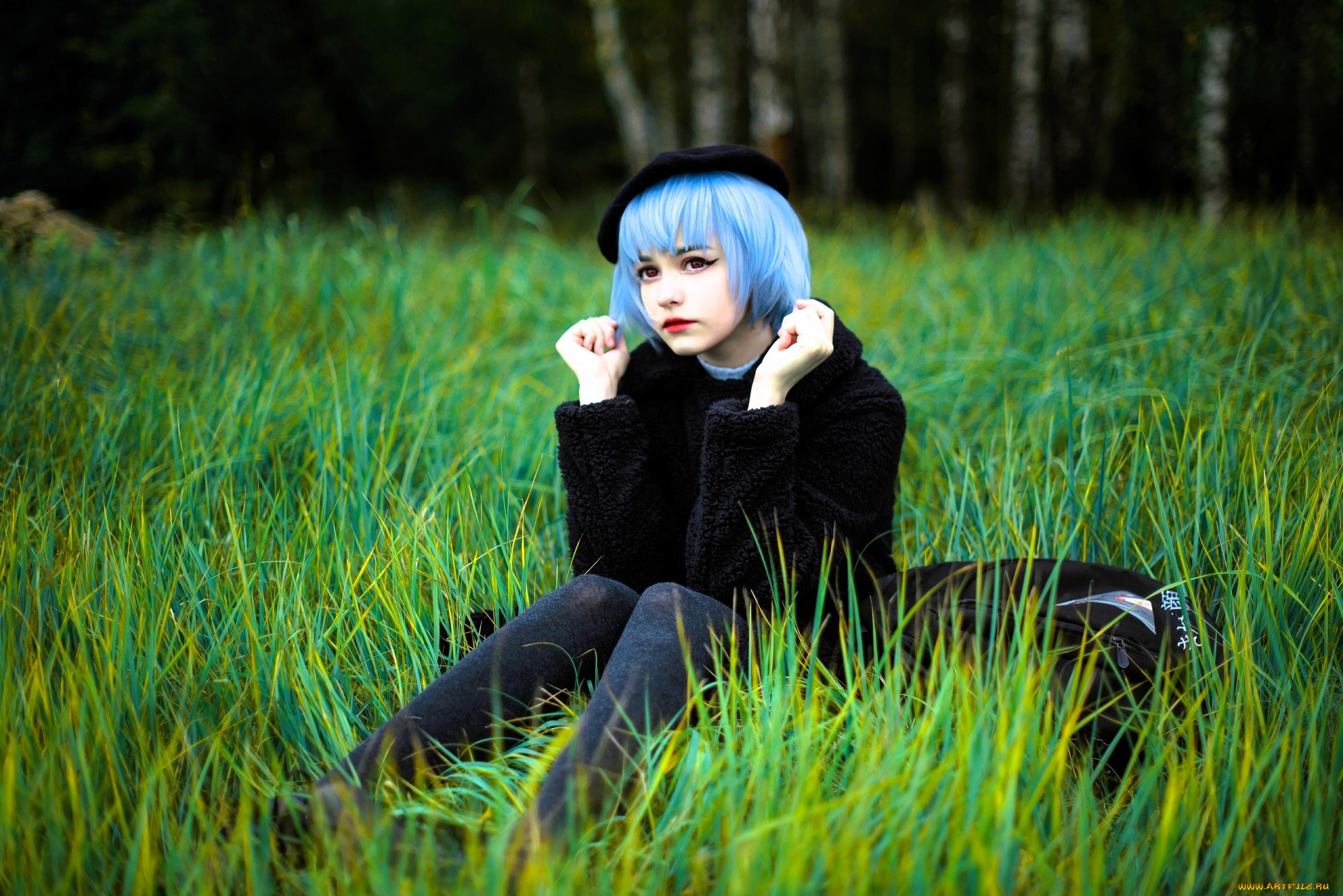 девушки, tenletters, образ, косплей, наряд, пальто, берет, трава