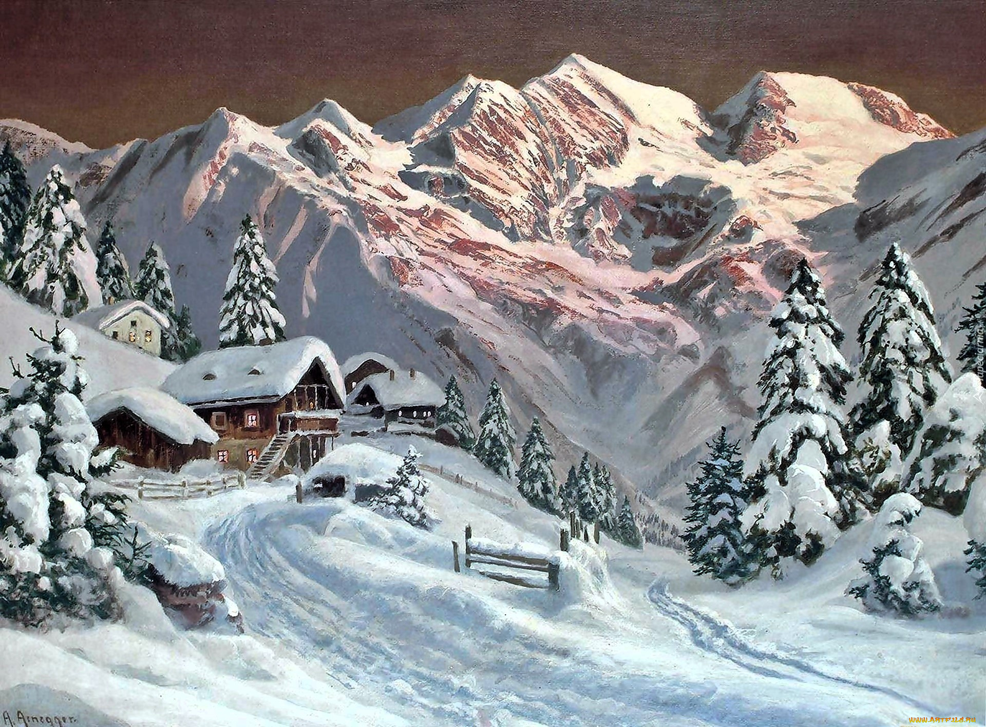 рисованное, alois, arnegger, горы, снег, зима, дома, дорога, деревья