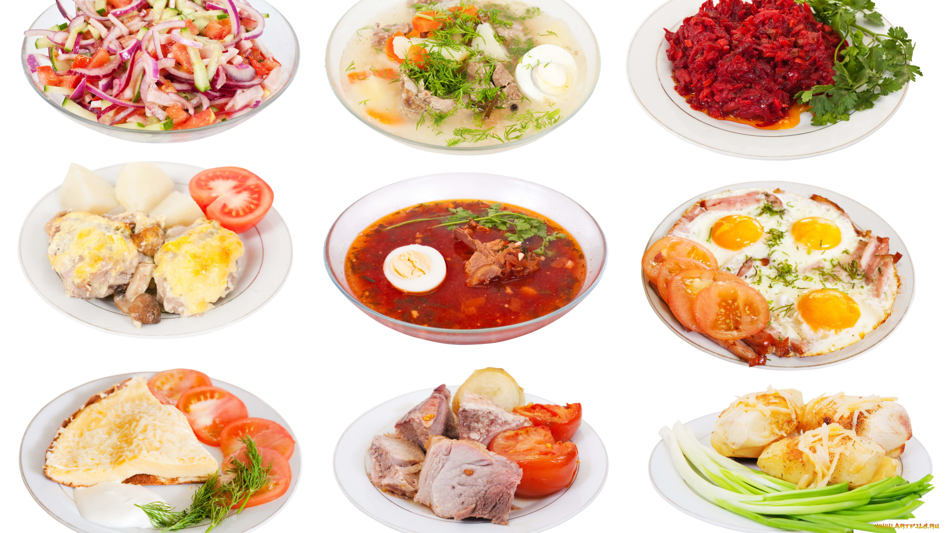 еда, разное, блюда, ассортимент, меню, яичница, салаты, борщ, мясо, свекла, зелень, овощи, томаты, помидоры, яйца