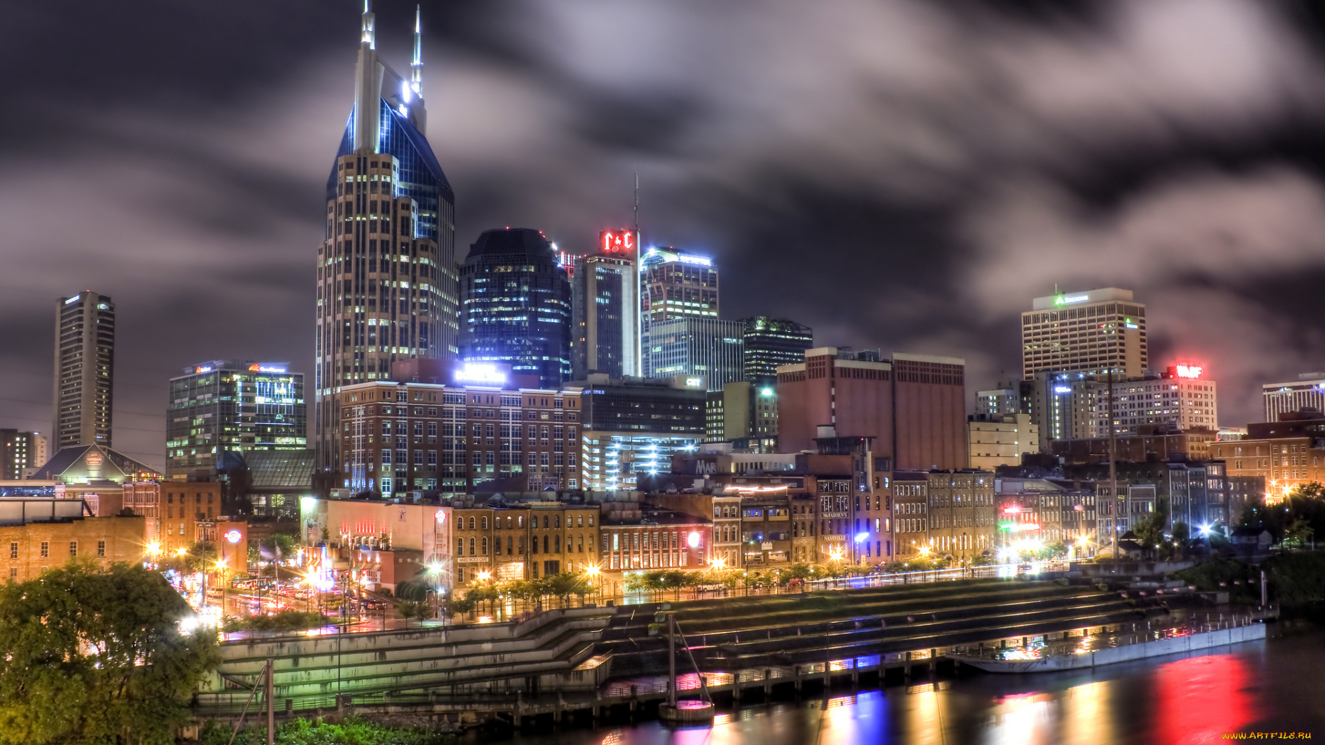 nashville, tennessee, города, огни, ночного, набережная, здания, ночной, город