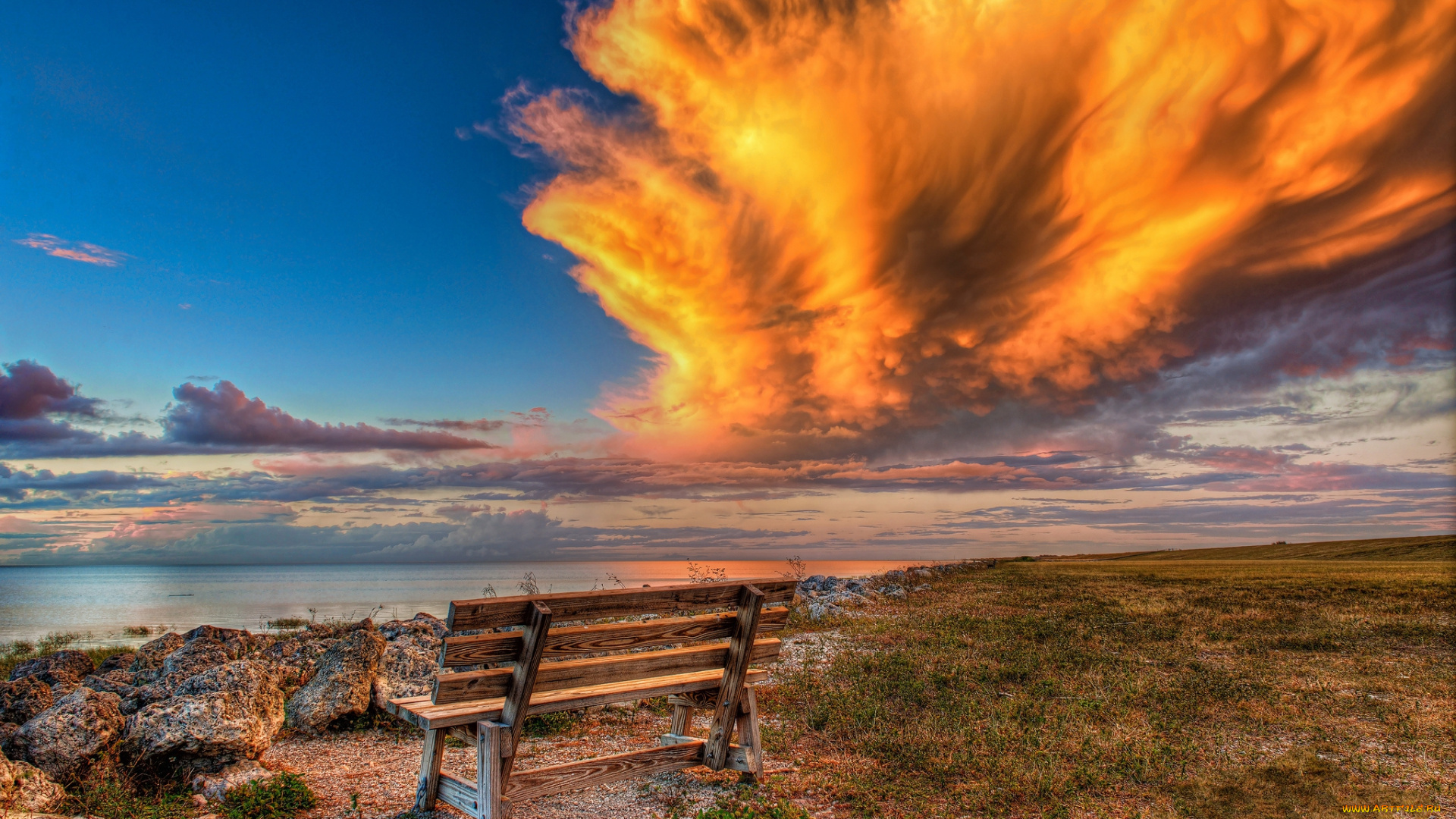 природа, побережье, океан, берег, скамейка, облака