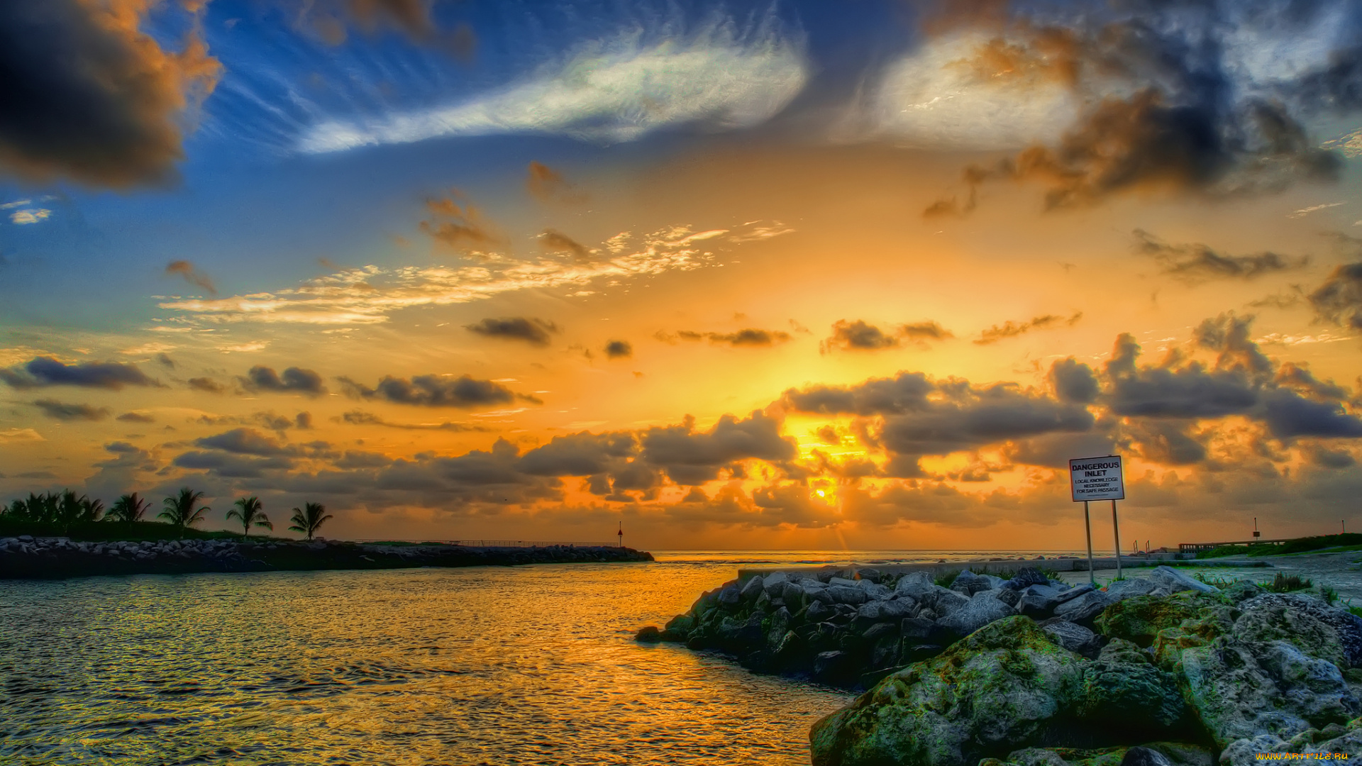 природа, тропики, океан, атолл, пролив, пальмы, тучи