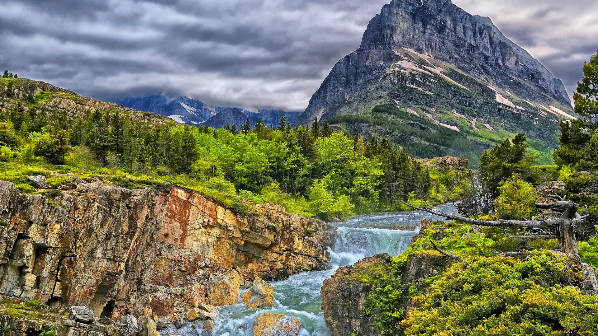 swiftcurrent, falls, glacier, national, park, природа, реки, озера, горы, лес, скалы, каскад, река