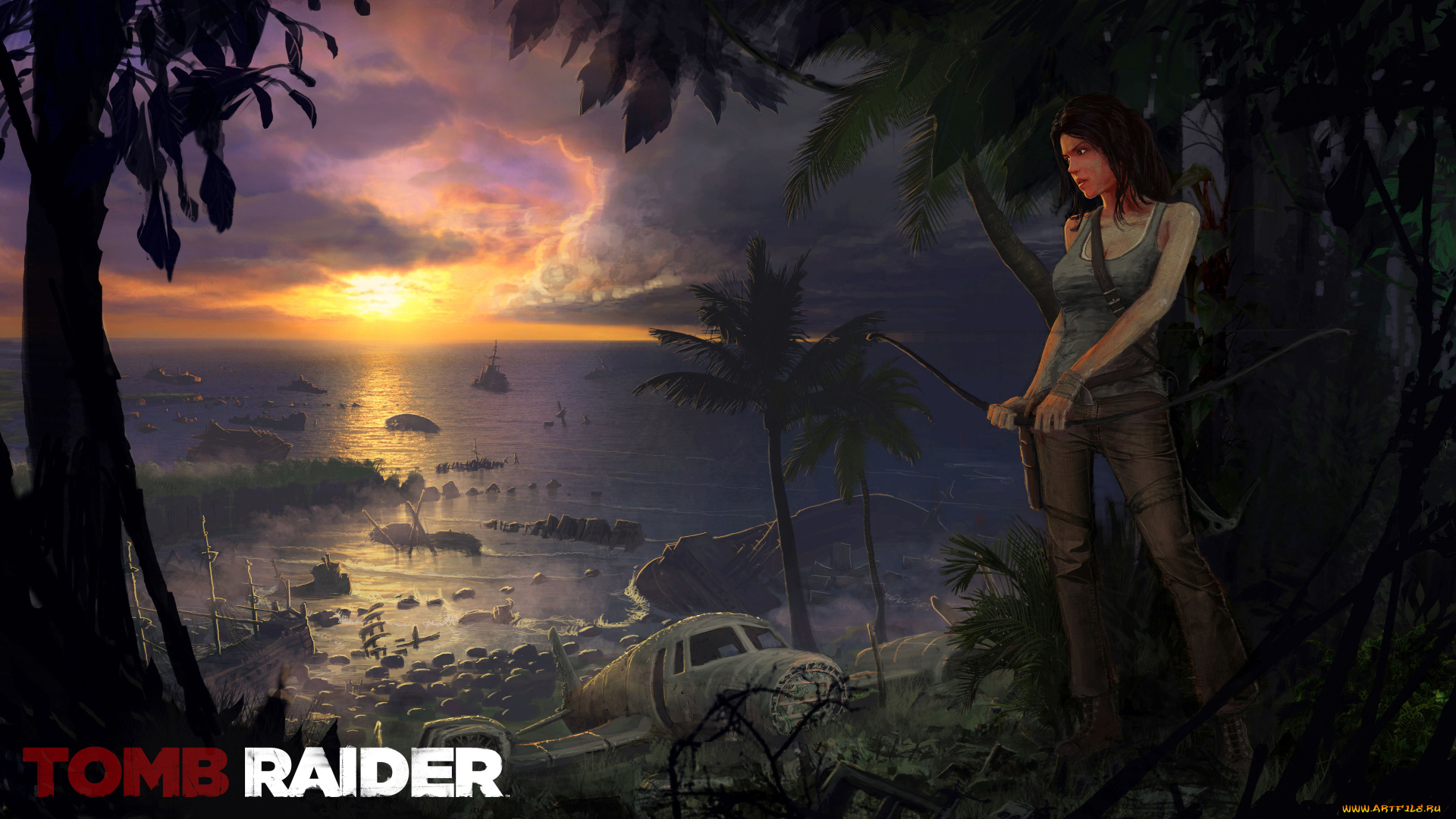 видео, игры, tomb, raider, 2013, lara, croft, арт, море, закат, самолёт, джунгли