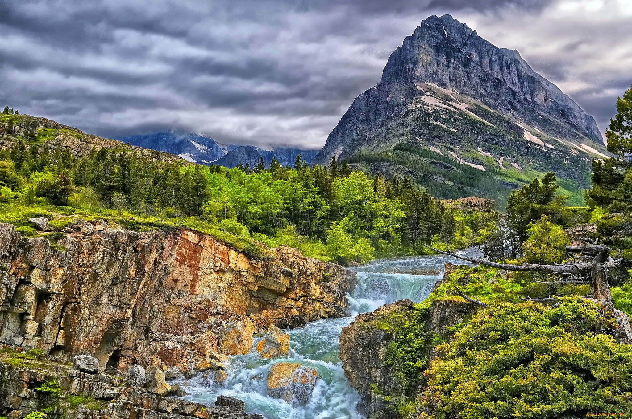 swiftcurrent, falls, glacier, national, park, природа, реки, озера, горы, лес, скалы, каскад, река