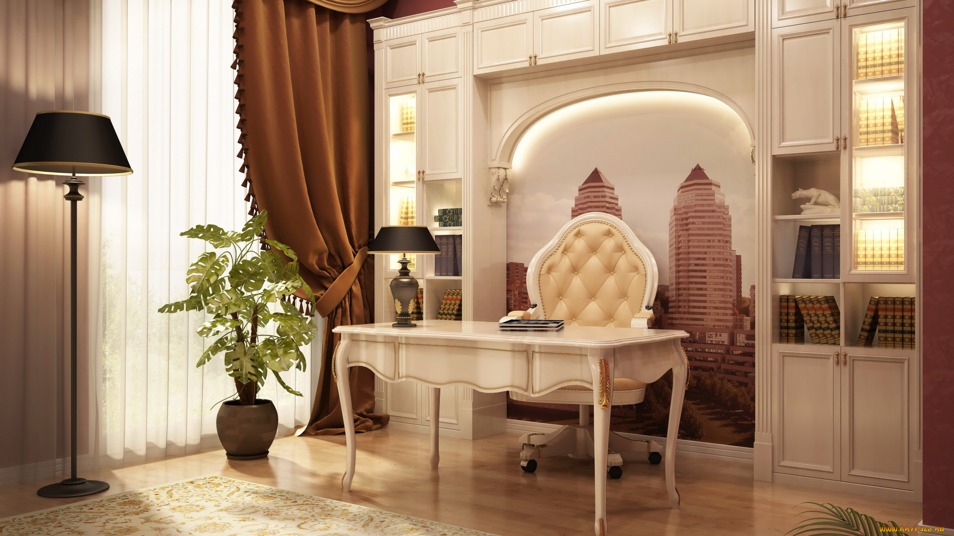 3д, графика, realism, , реализм, кабинет, стол, стулья, шторы