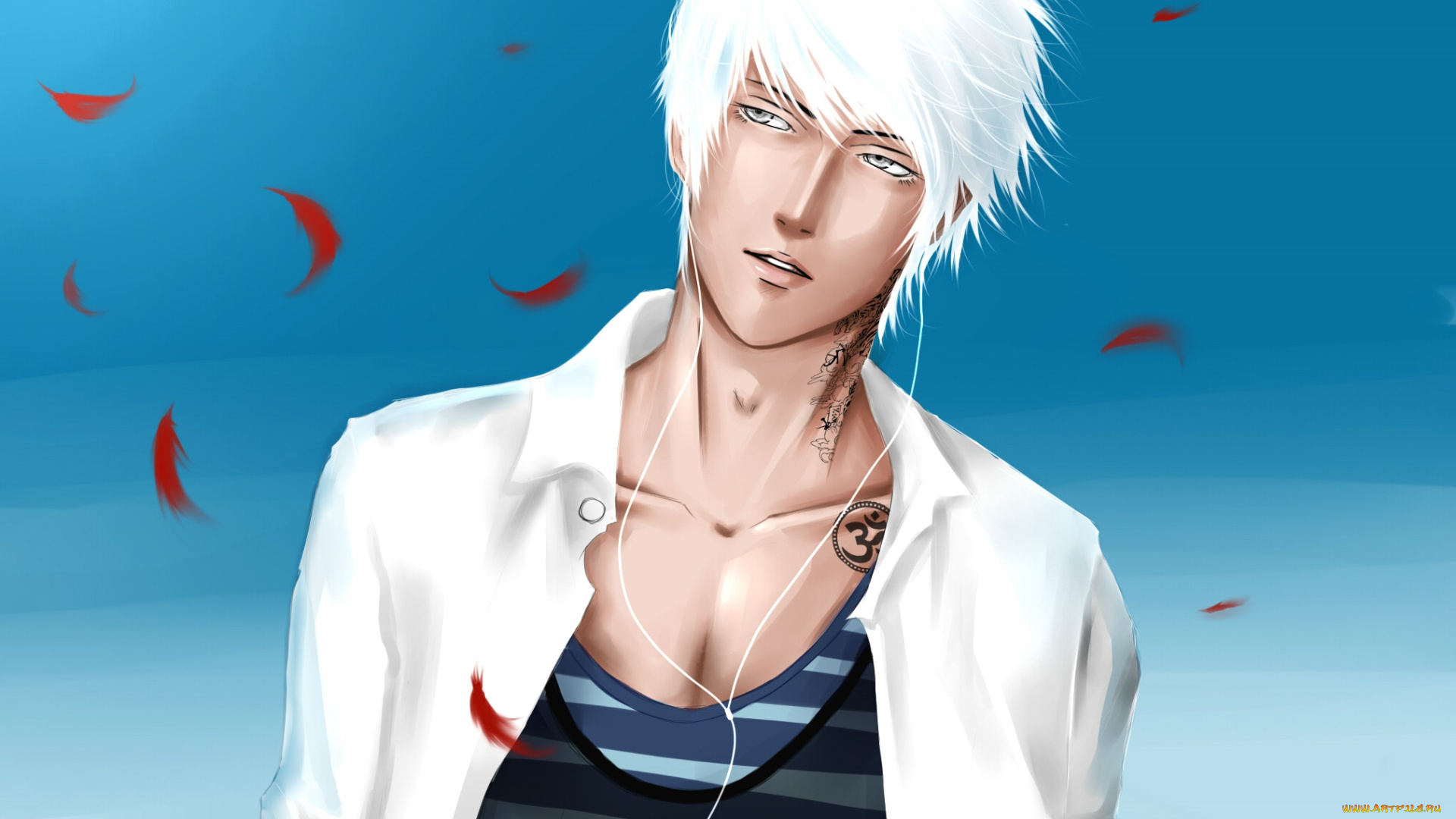 аниме, -headphones, &, instrumental, парень, перья, наушники, тату, белые, волосы