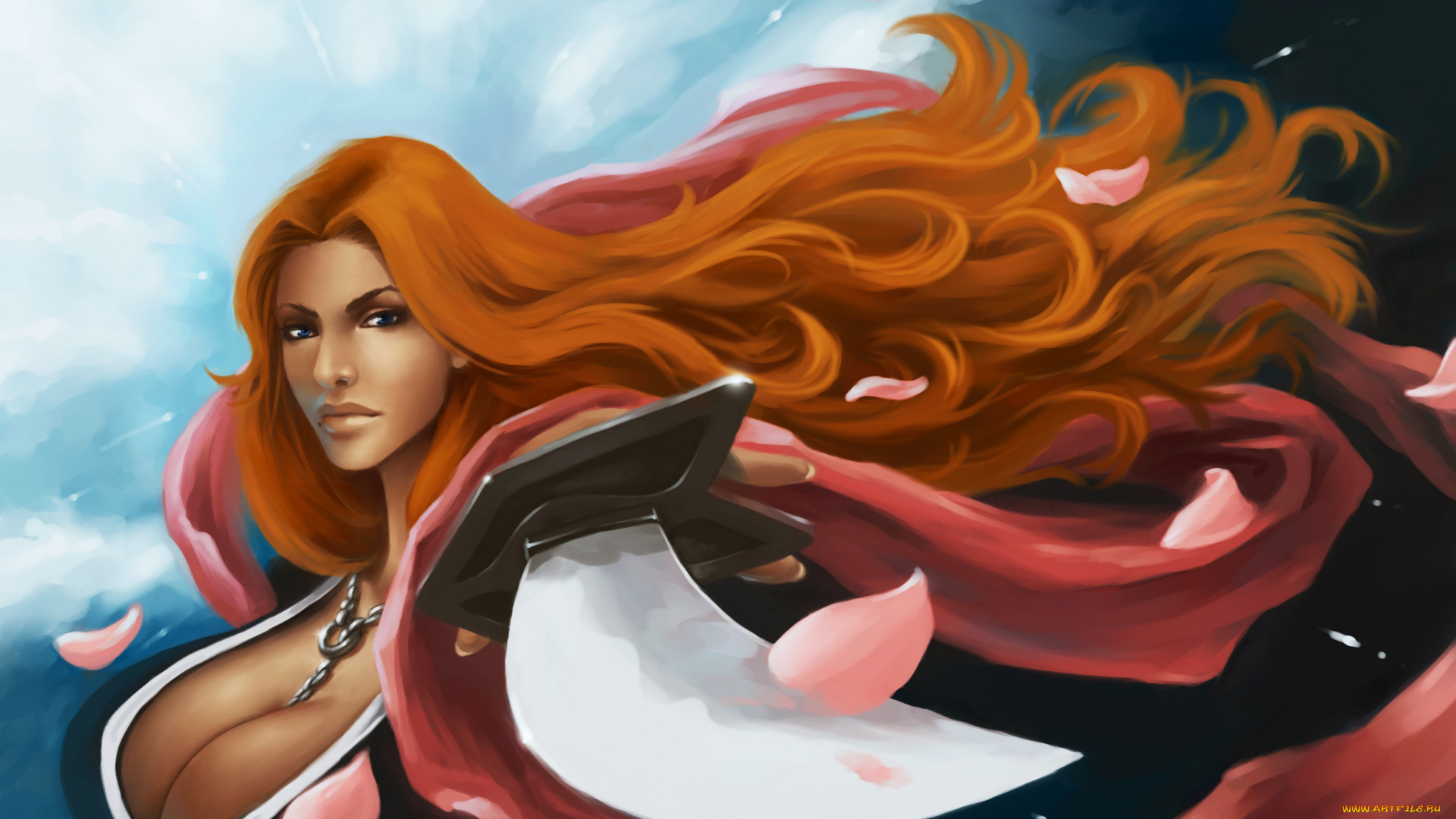 аниме, bleach, 10, отряд, лейтенант, лепестки, грудь, ночь, занпакто, рыжая, девушка, арт, блич, волосы