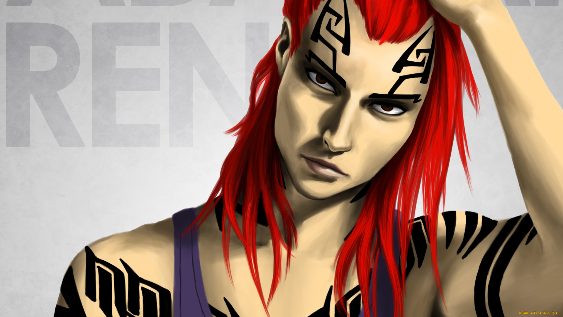 аниме, bleach, ренджи, абарай, блич, тату, взгляд, парень, красные, волосы, майка