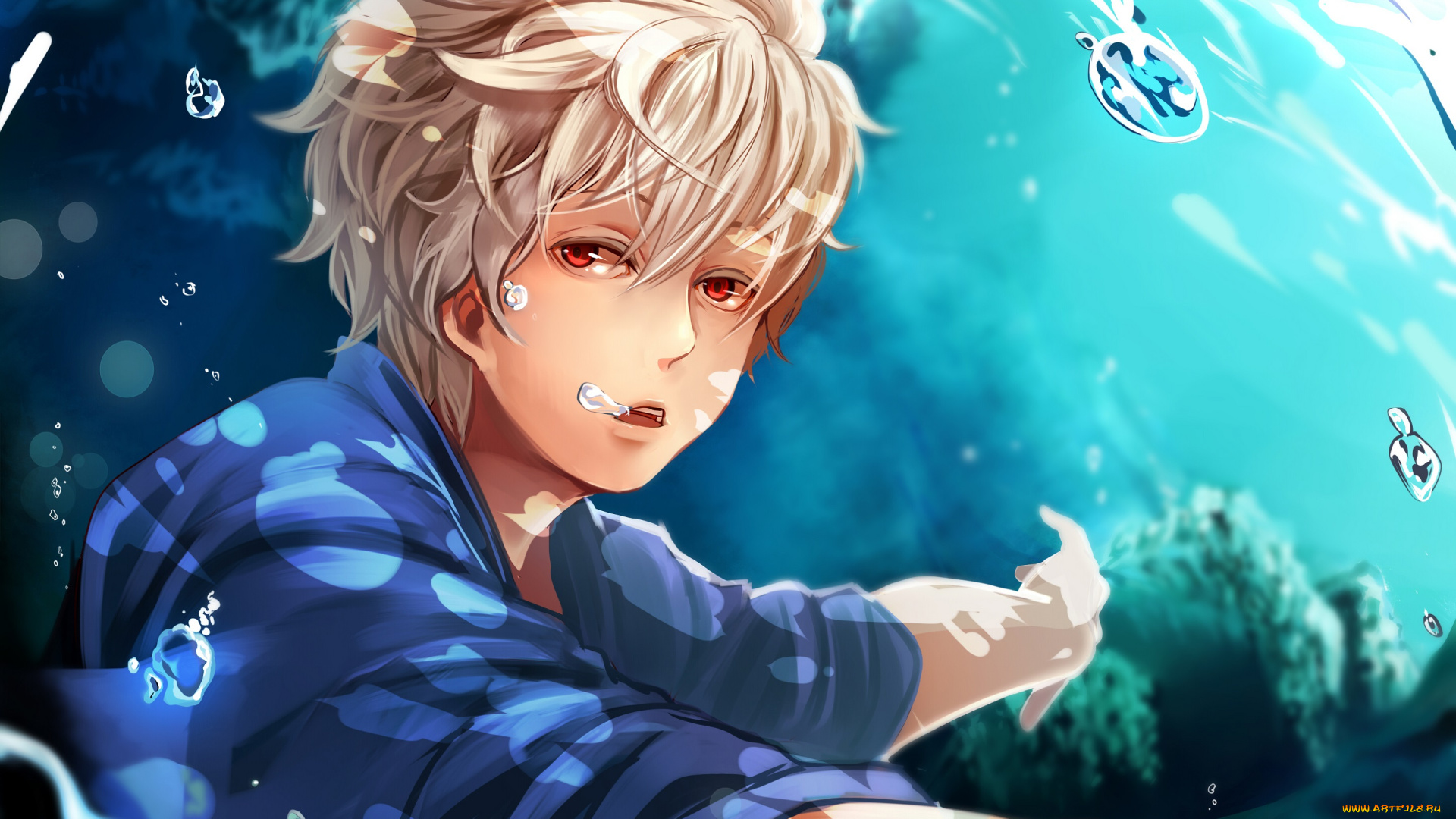 аниме, gintama, море, вода, art, взгляд, sakata, gintoki, парень