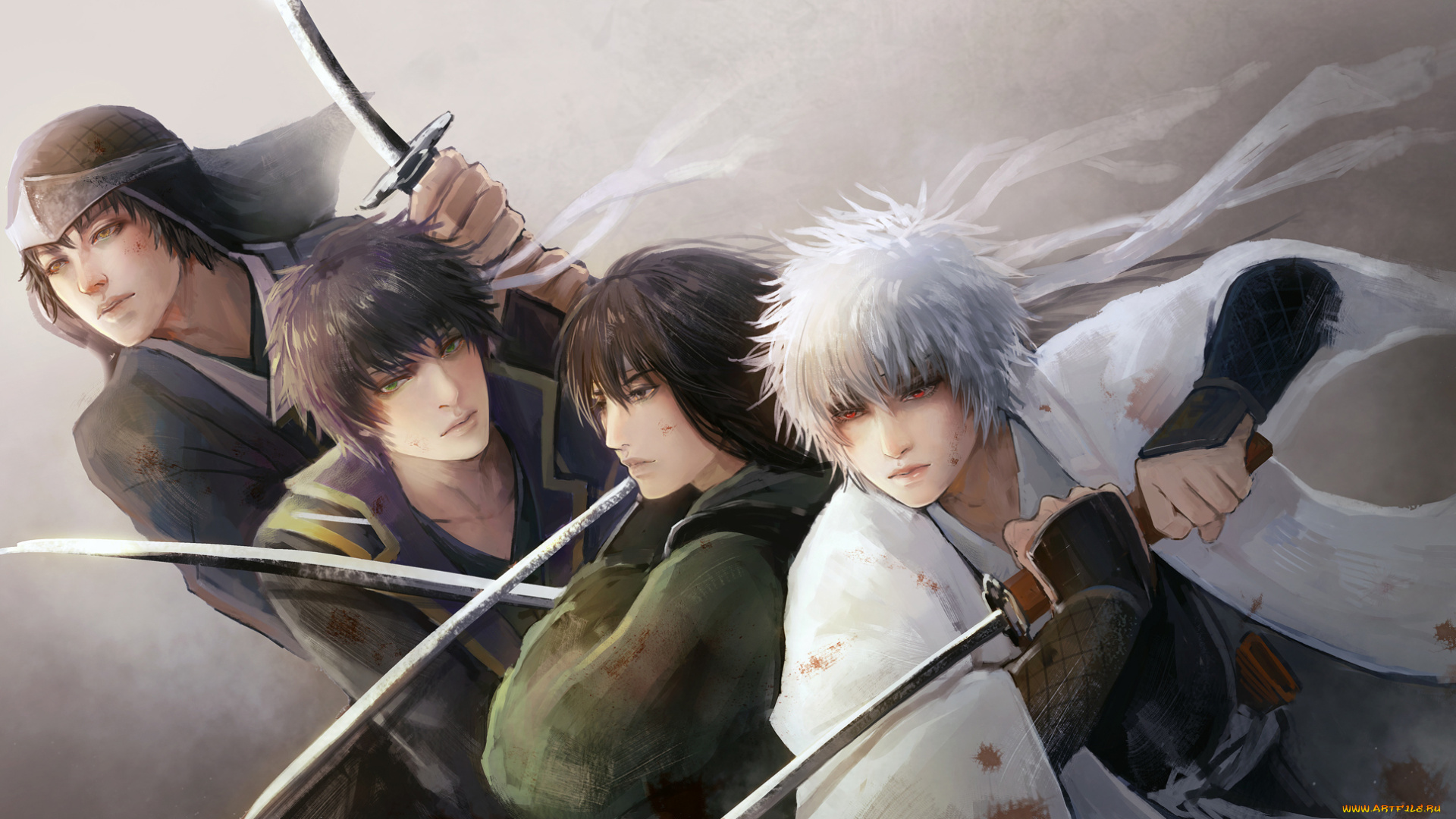 аниме, gintama, мужчины, самураи, sakata, gintoki, shiroyasha, takasugi, shinsuke, katsura, kotaro, tatsuma, sakamoto, кровь, красные, глаза, мечи