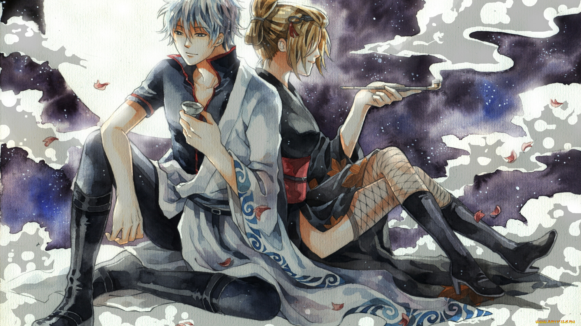 аниме, gintama, sakata, gintoki, парень, саке, курительная, трубка, луна, ночь, tsukuyo, девушка