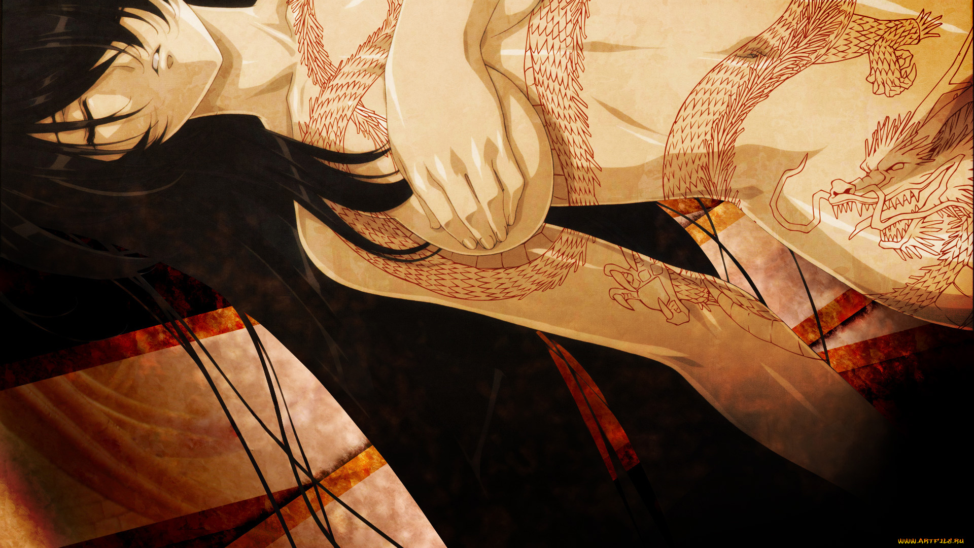 аниме, ikki, tousen, стан, лежит, брюнетка, тело, дракон, тату, девушка