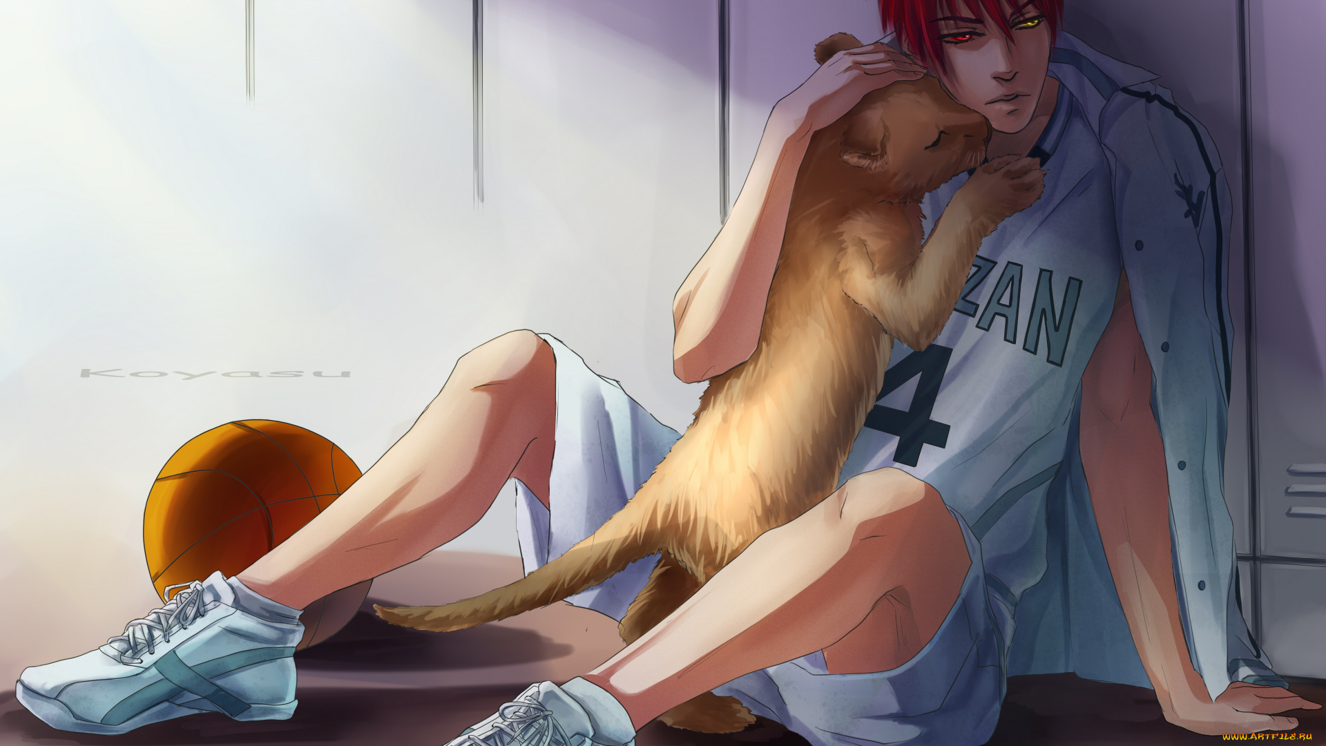 аниме, kuroko, no, baske, парень, арт, собака, мяч, кросовки, сидит, взгляд, свет