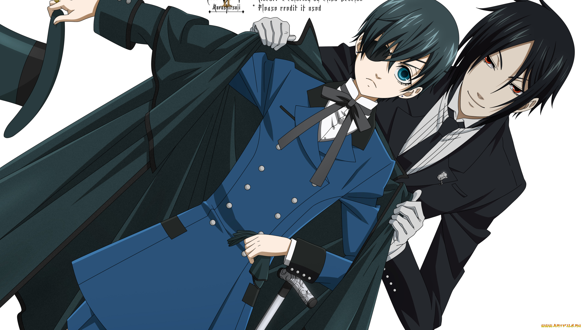 аниме, kuroshitsuji, темный, дворецкий, себастьян, михаэлис, сиэль, фантомхайв, трость, шляпа, взгляд