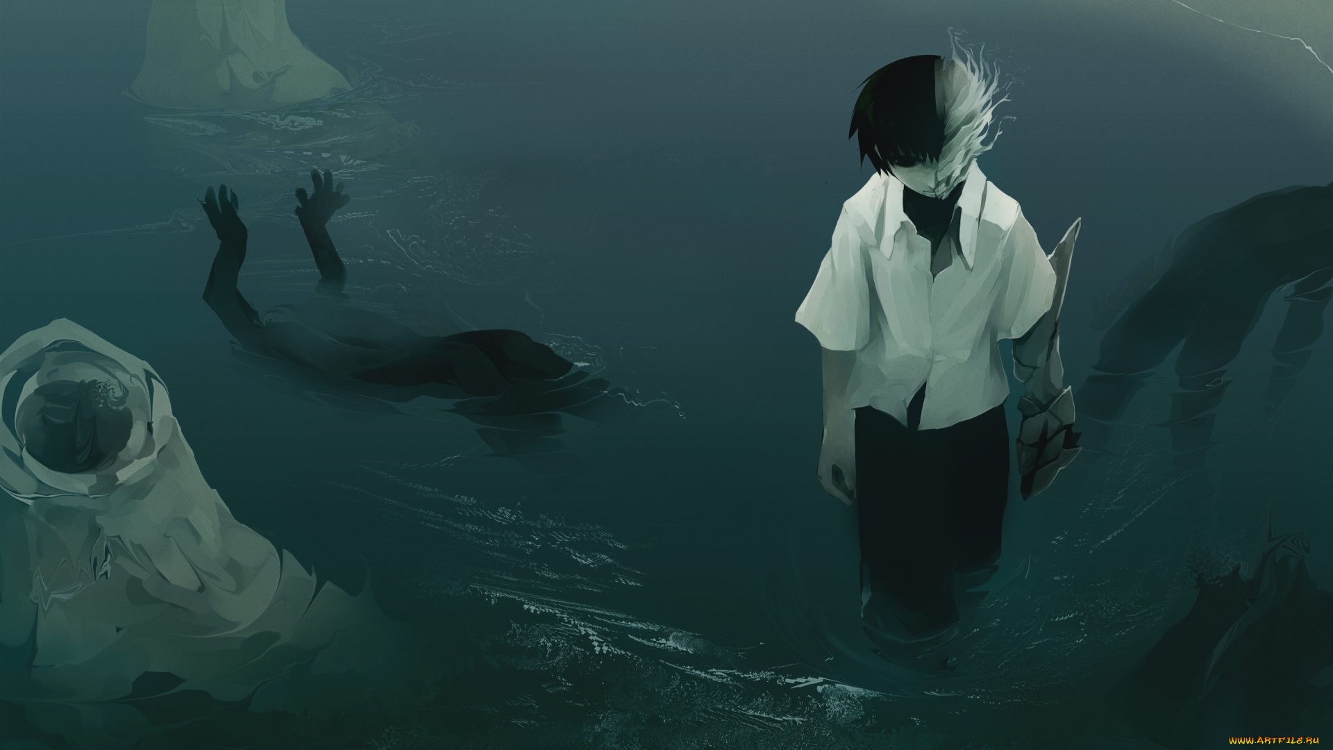 аниме, mononoke, арт, empty, парень, маска, вода, руки