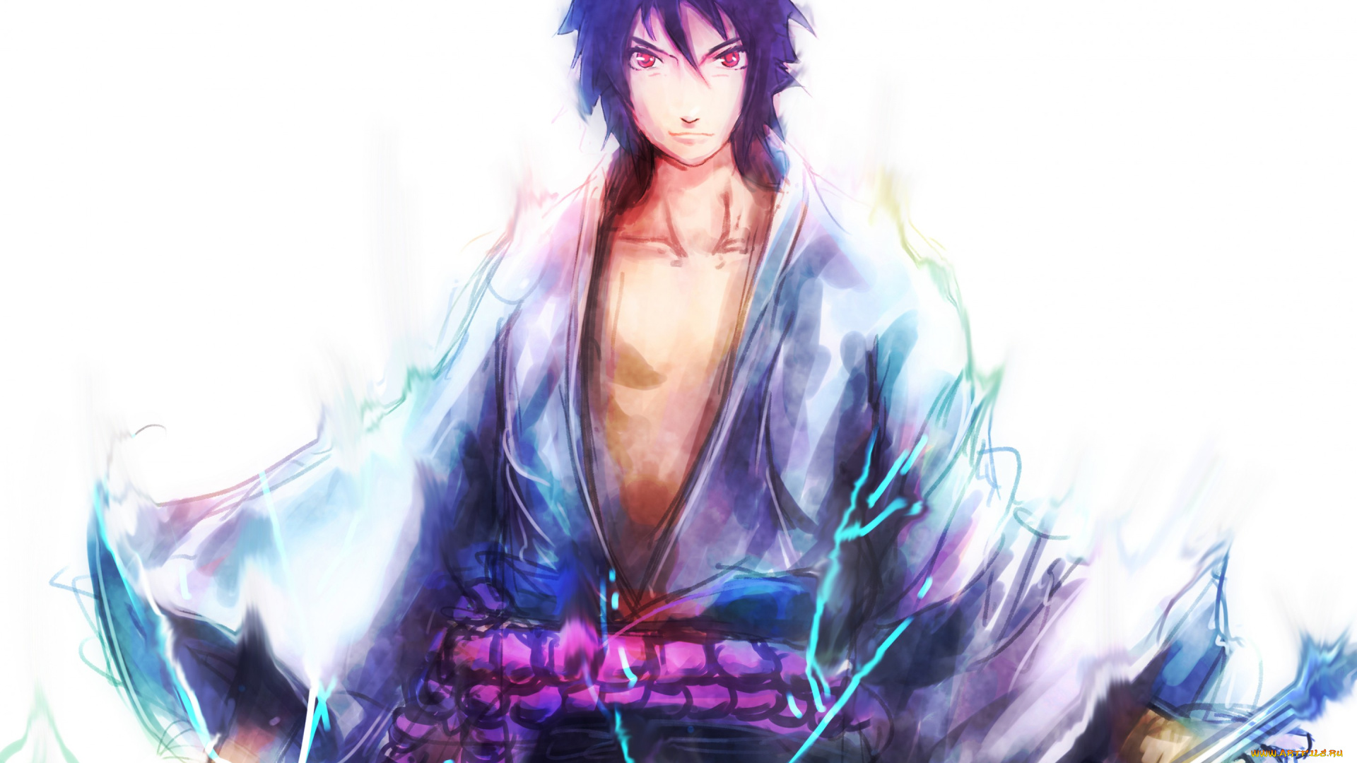 аниме, naruto, наруто, арт, саске, учиха, парень, молнии, чидори, взгляд, брюнет, белый, фон, шаринган