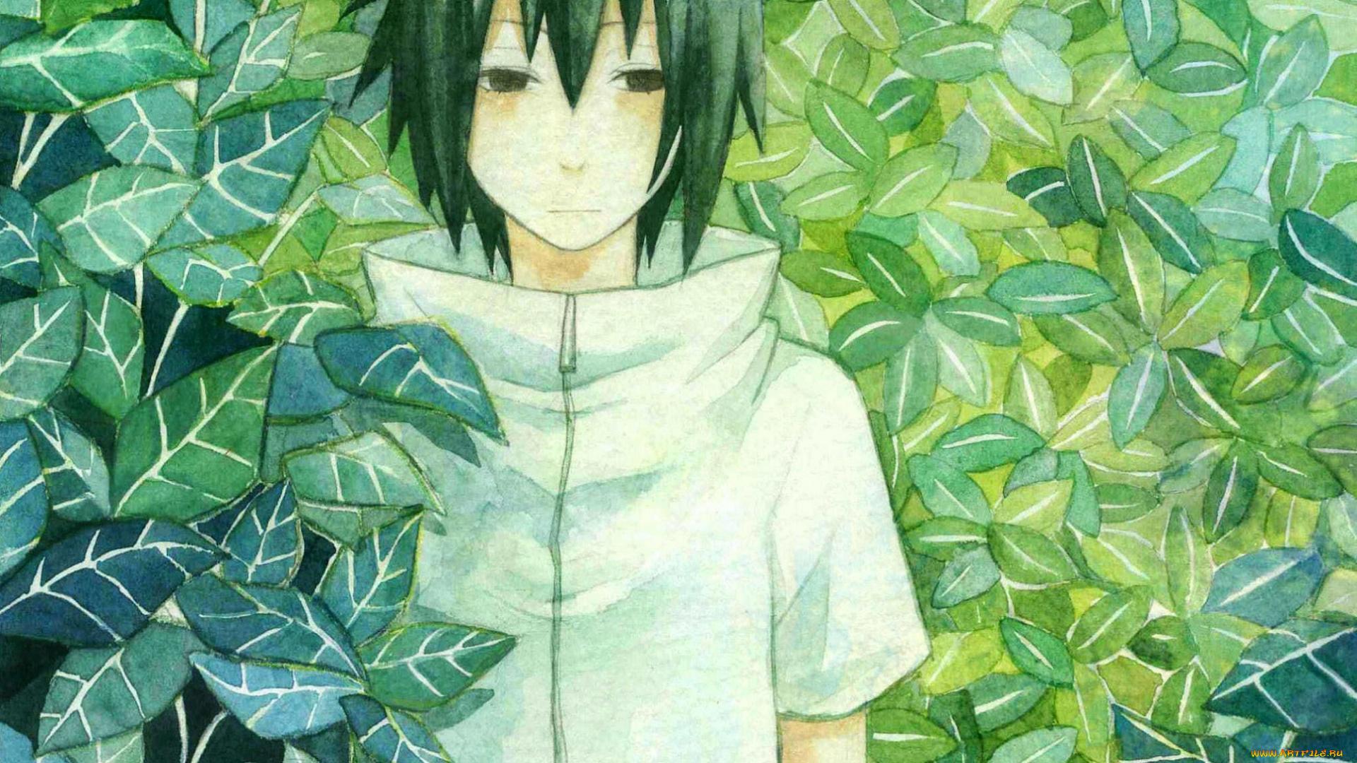 аниме, naruto, саске, учиха, листья, арт