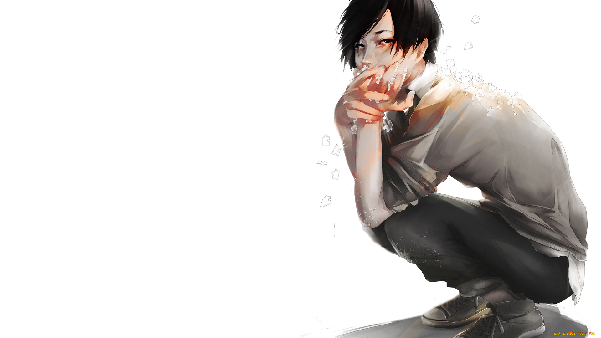 аниме, *unknown, , другое, парень, арт, фон, белый, взгляд, брюнет, пазлы, сидит