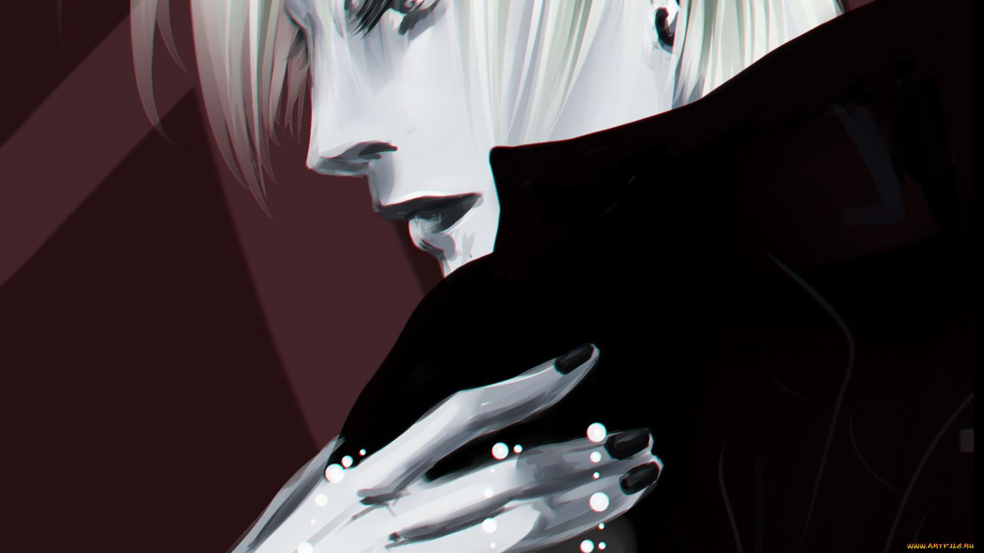 аниме, *unknown, , другое, парень, бусы, маникюр, чёрный, профиль, серьга, белые, волосы