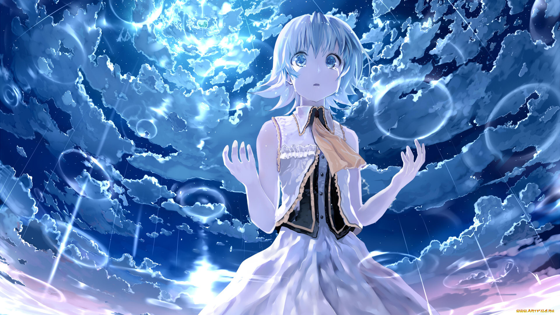 аниме, vocaloid, арт, bob, biyonbiyon, вокалоид, gumi, девушка, слезы, капли, дождь, небо, облака