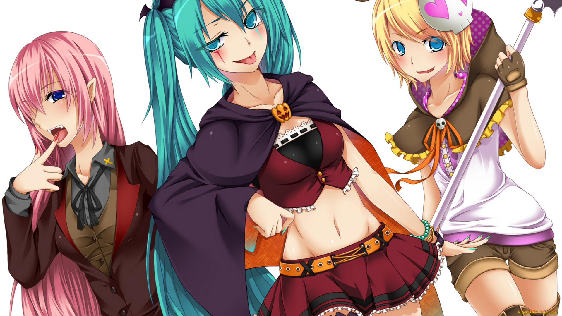 аниме, vocaloid, art, goma, azarasi, hatsune, miku, kagamine, rin, megurine, luka, halloween, девушки, костюмы, хеллоуин