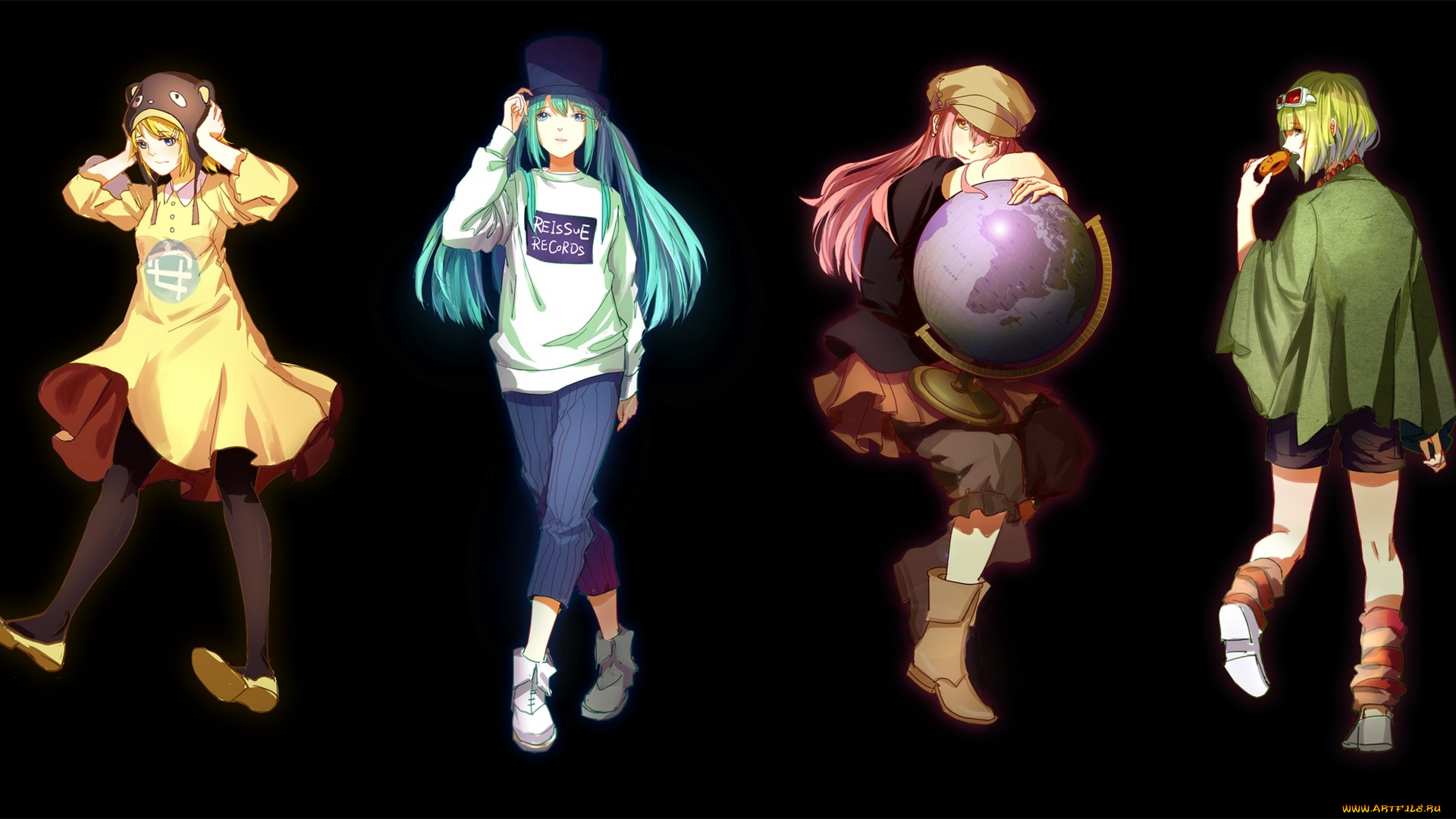 аниме, vocaloid, арт, kirayoci, gumi, hatsune, miku, kagamine, rin, megurine, luka, девушки, donut, hole, шляпа, глобус, земля, вокалоид, пончик, очки