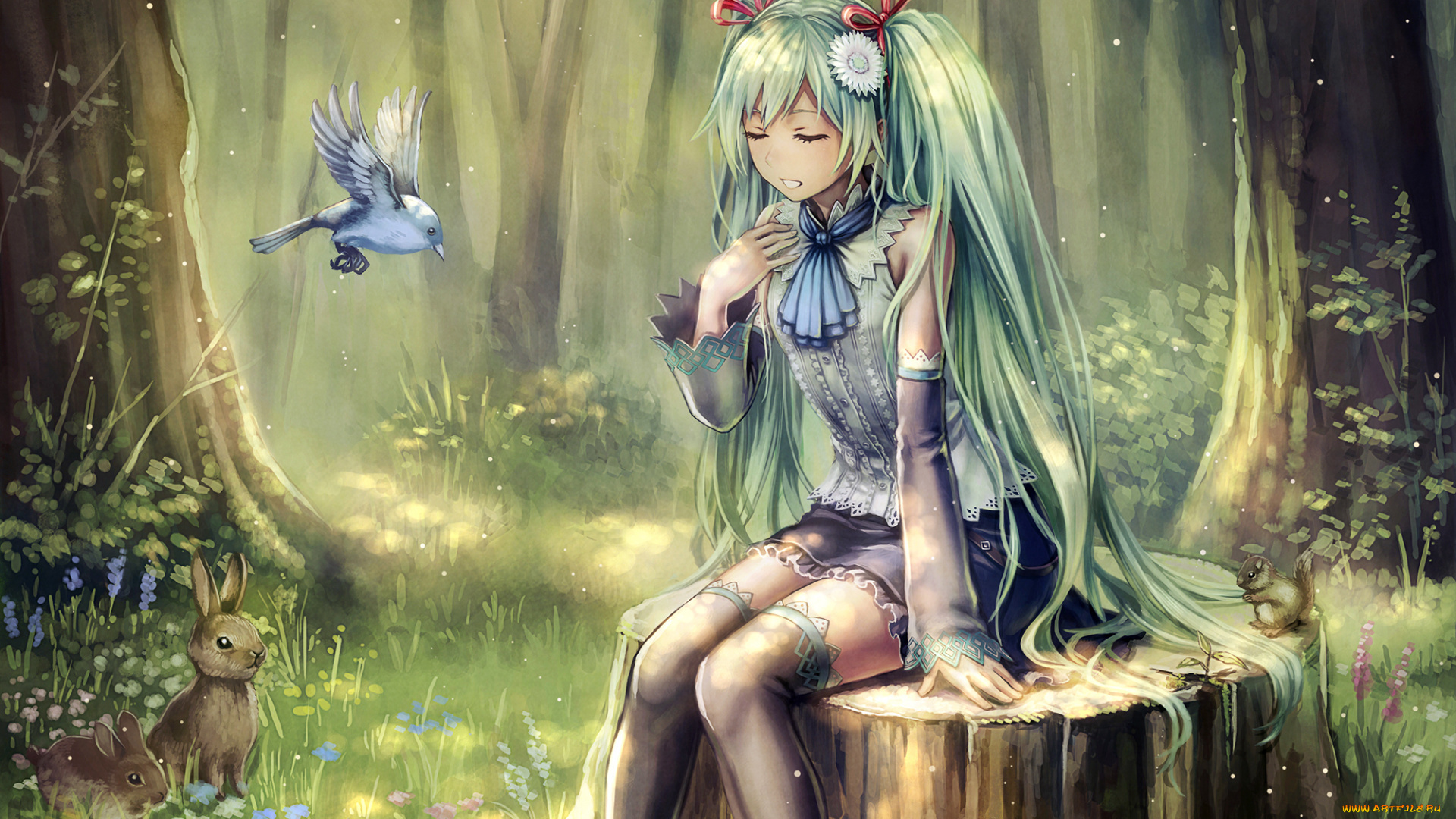 аниме, vocaloid, пение, звери, птицы, лес, art, девушка, hatsune, miku, anbe, yoshirou