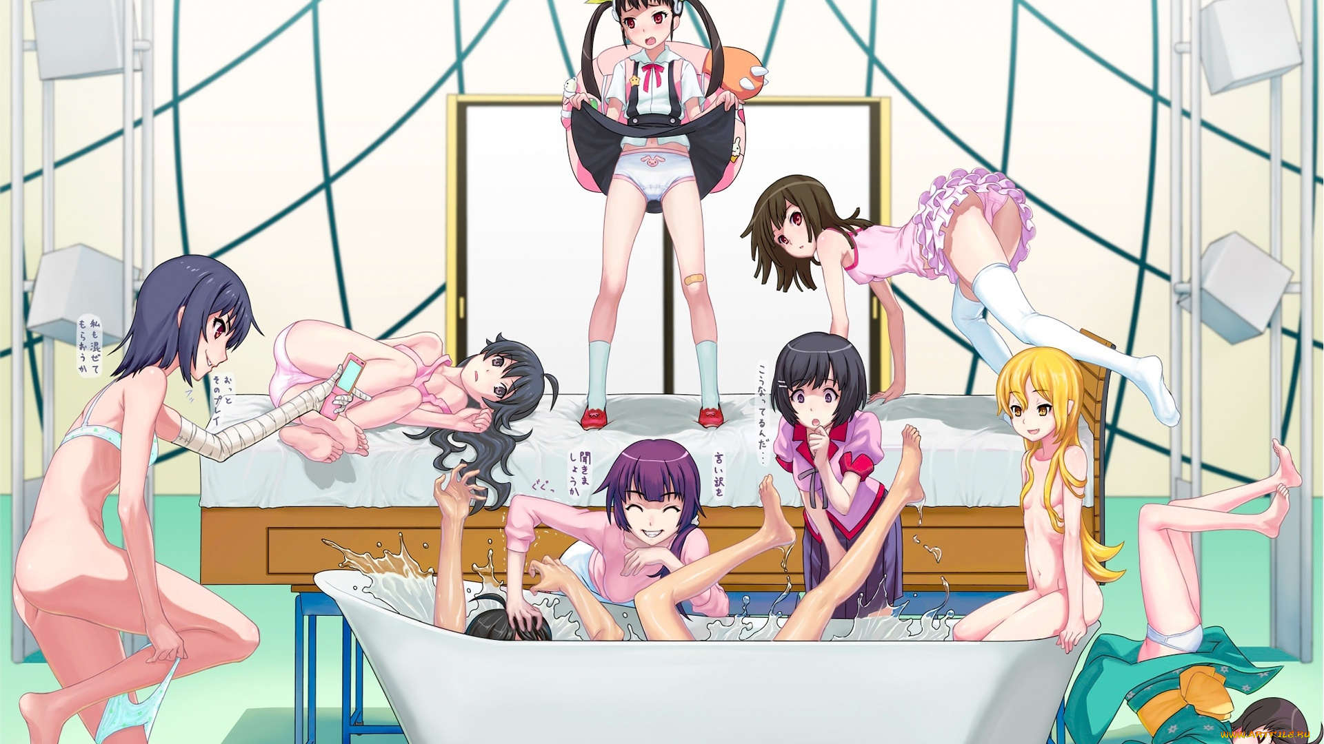 bakemonogatari, аниме, мужчина, araragi, koyomi, ванна, вода, брызги, гарем, девушки, araragi, karen, araragi, tsukihi, sengoku, nadeko, hanekawa, tsubasa, hachikuji, mayoi, kanbaru, suruga, oshino, shinobu, senjougahara, hitagi