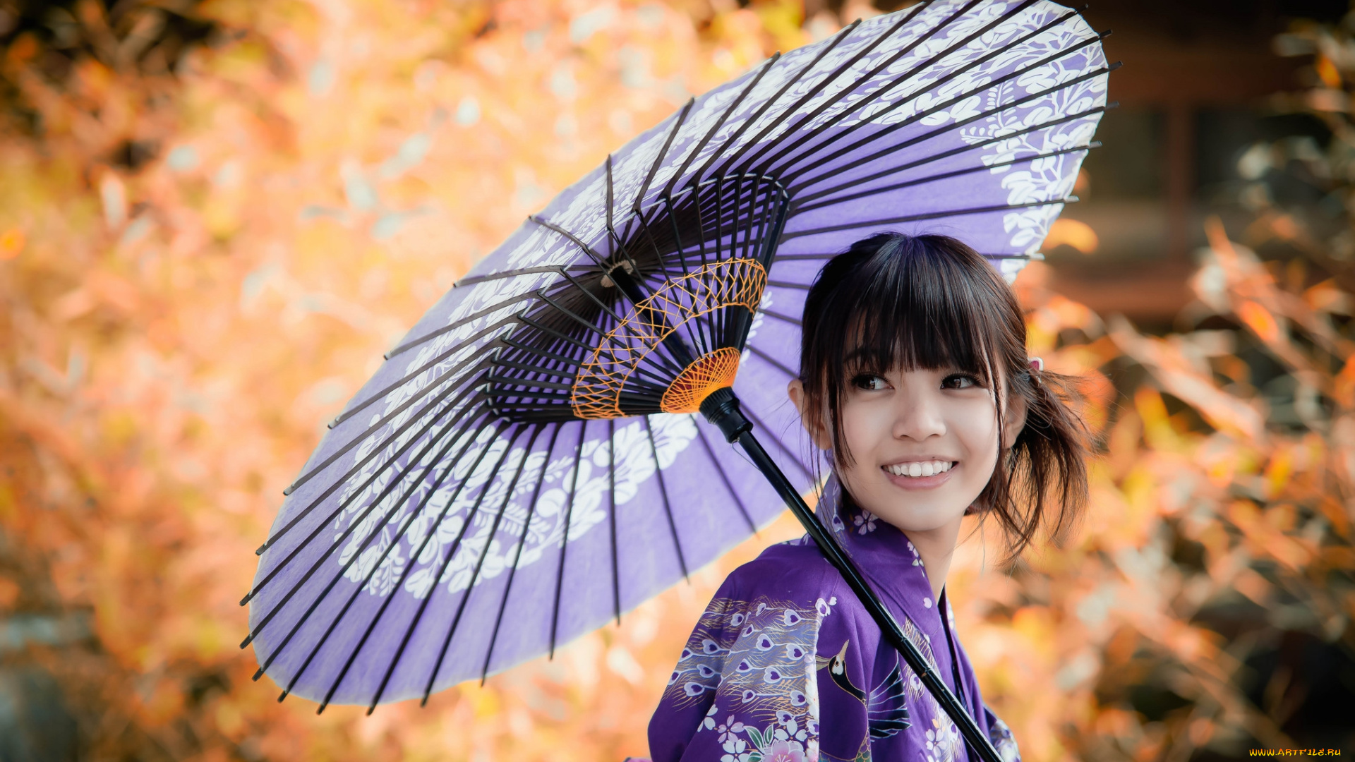 девушки, -unsort, , азиатки, взгляд, зонтик, кимоно