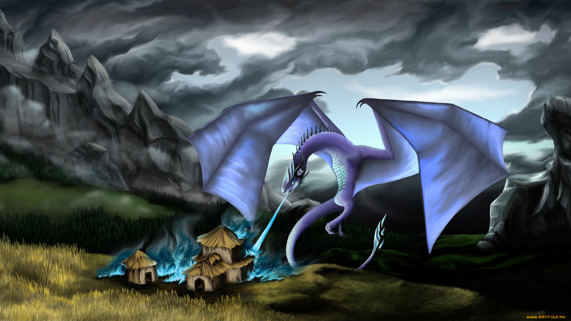 фэнтези, драконы, небо, тучи, арт, пламя, дракон, деревня, горы