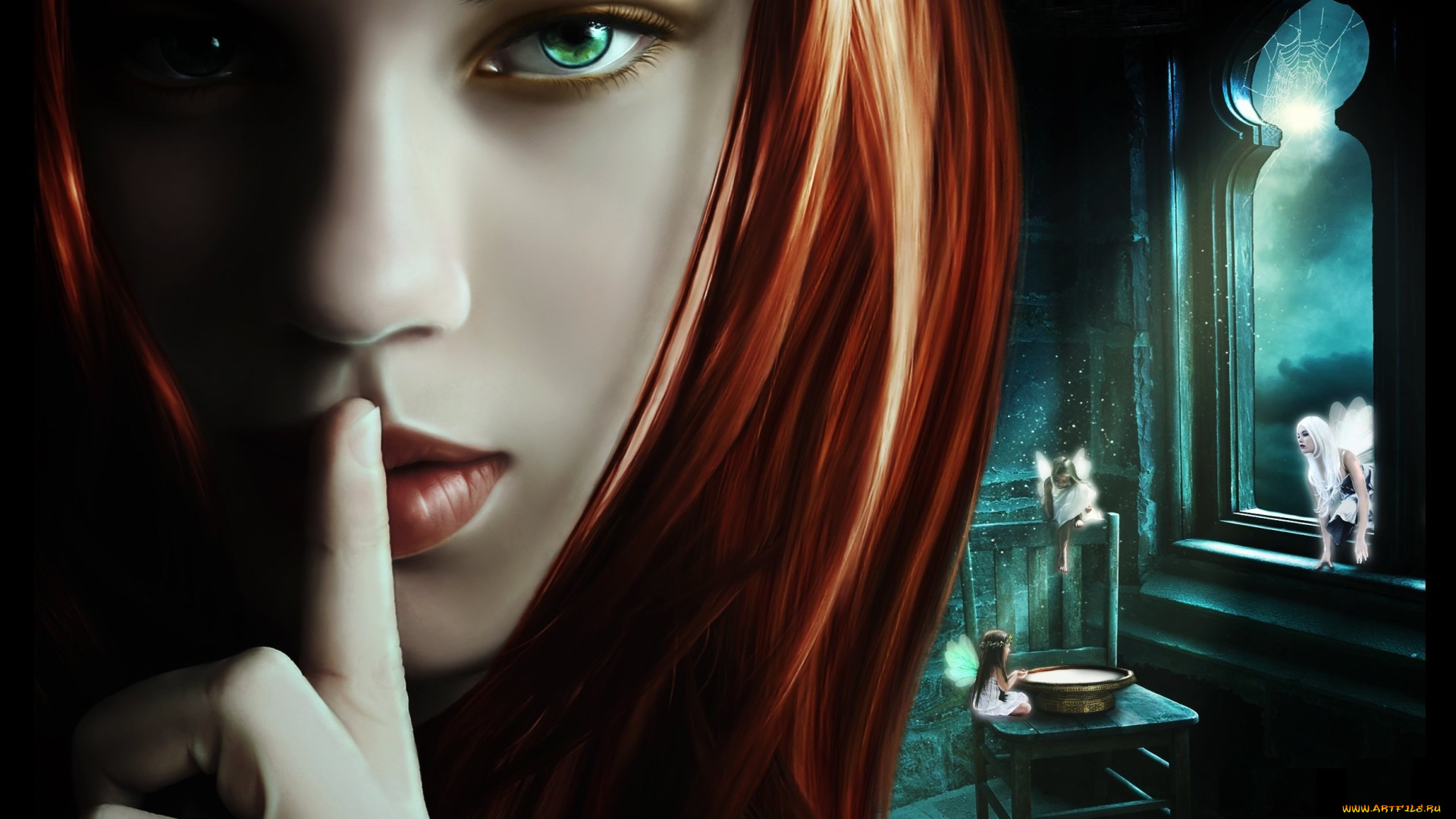 фэнтези, фотоарт, арт, девушка, лицо, крупный, план, зеленые, глаза, волосы, феи, окно, паутина