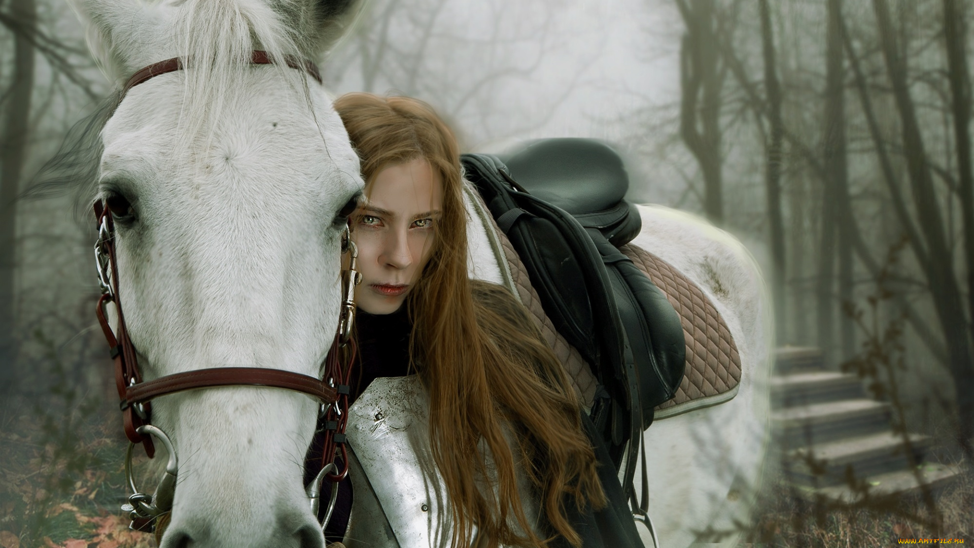 фэнтези, фотоарт, девушка-рыцарь, конь