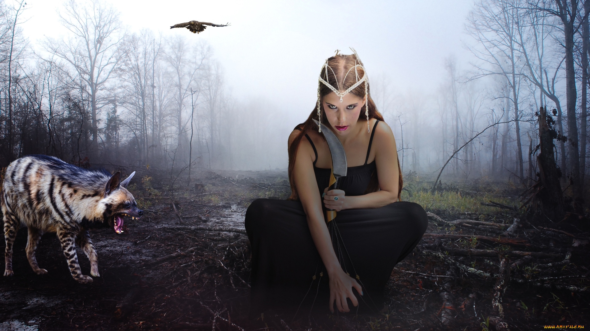 фэнтези, фотоарт, нож, девушка, гиена