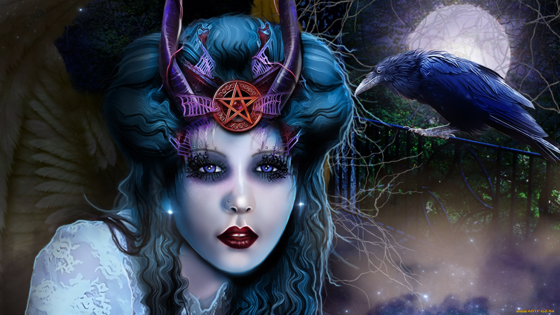 фэнтези, фотоарт, ворон, рога