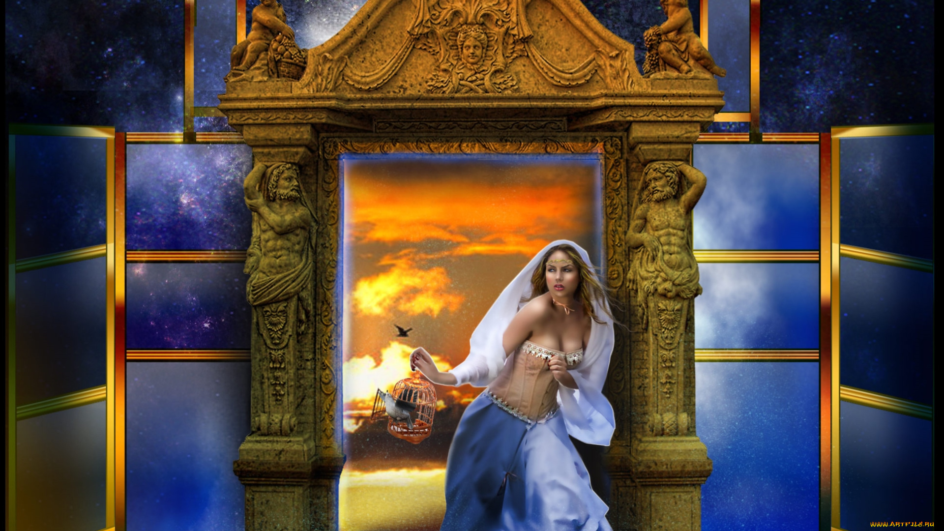 фэнтези, фотоарт, ворота, клетка, девушка