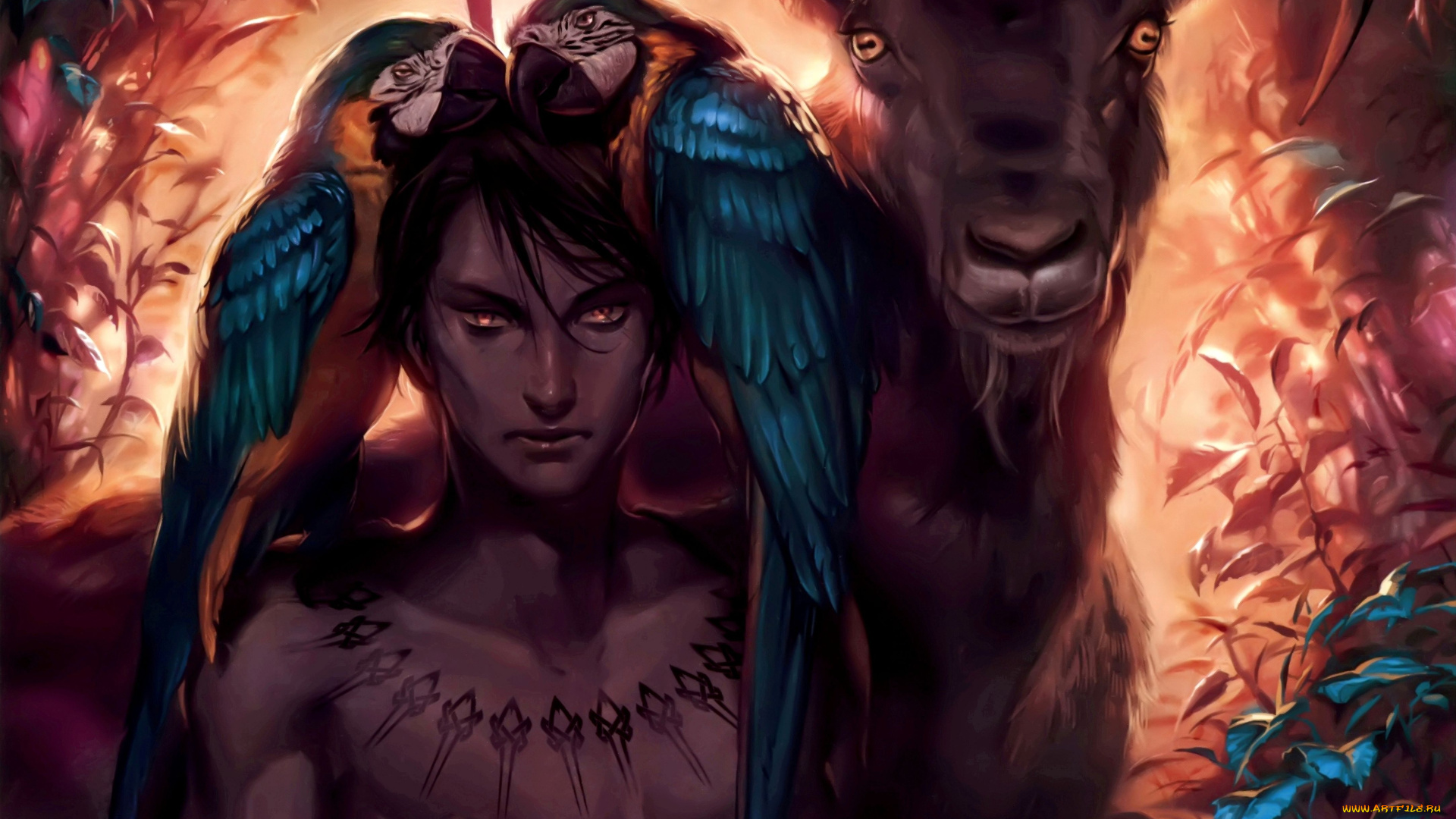 фэнтези, люди, мужчина, дикарь, попугаи, козел, лес, тату