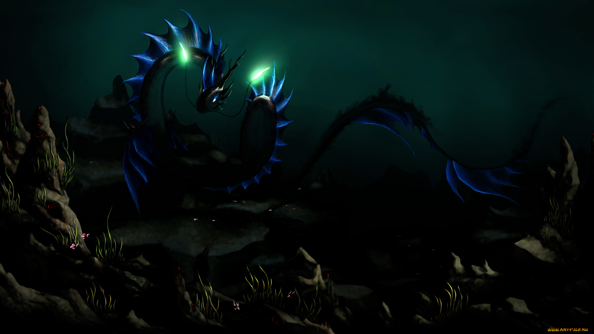 фэнтези, существа, дракон, камни, темнота, фон, арт, светящиеся, усы