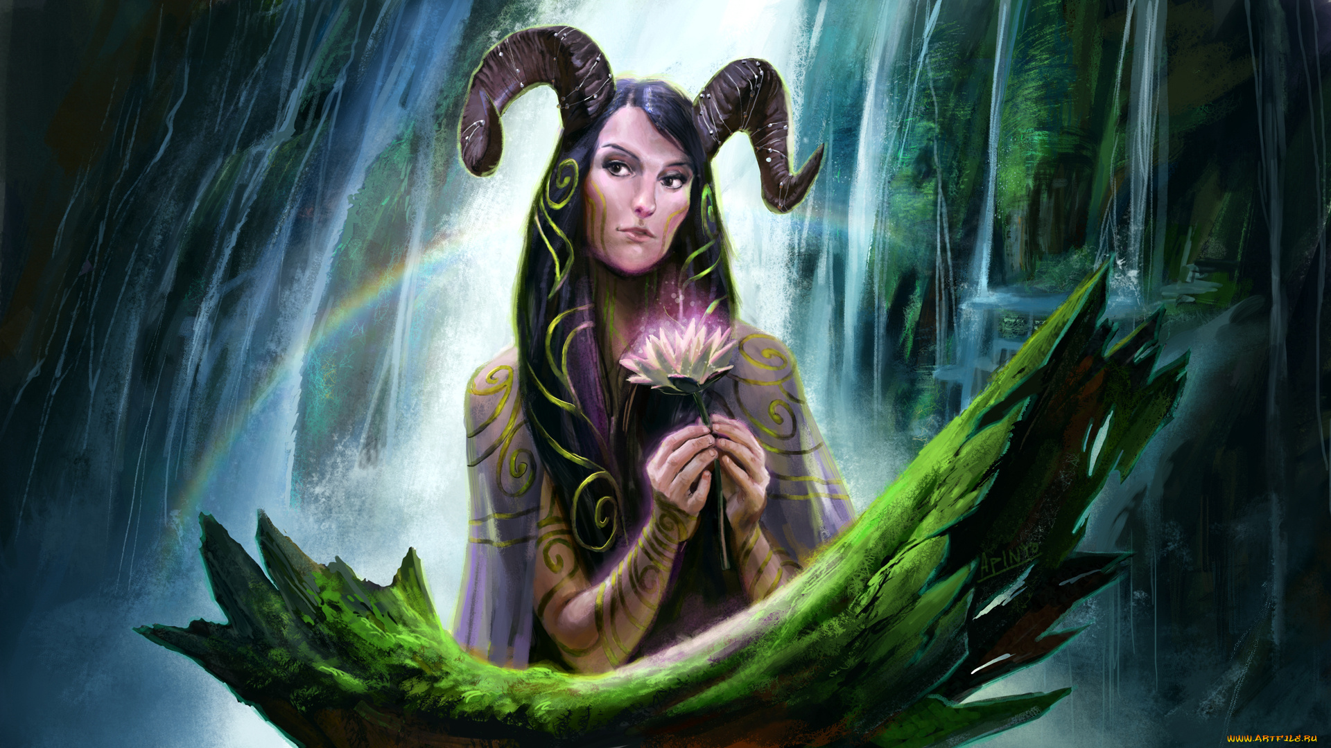 фэнтези, существа, радуга, фантастика, водопад, цветок, магия, лес, дух, арт