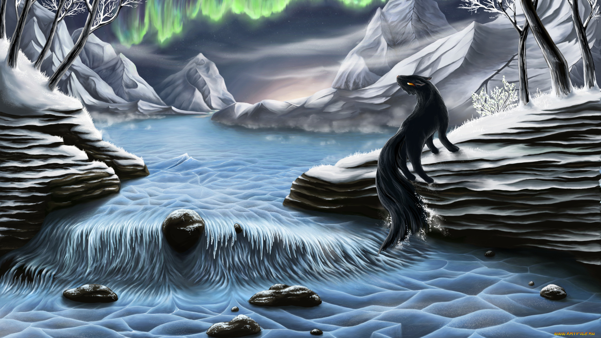 фэнтези, существа, существо, сияние, деревья, вода, камни, арт