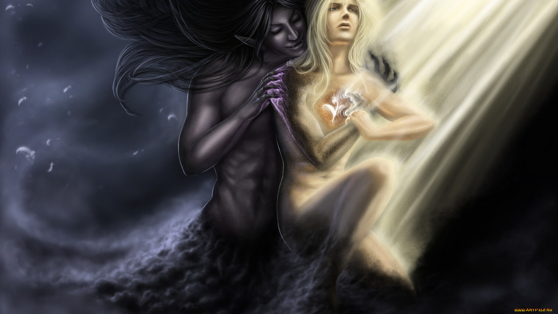 фэнтези, вампиры, свет, перья, ангел, черный, туман, демон, арт, фантастика